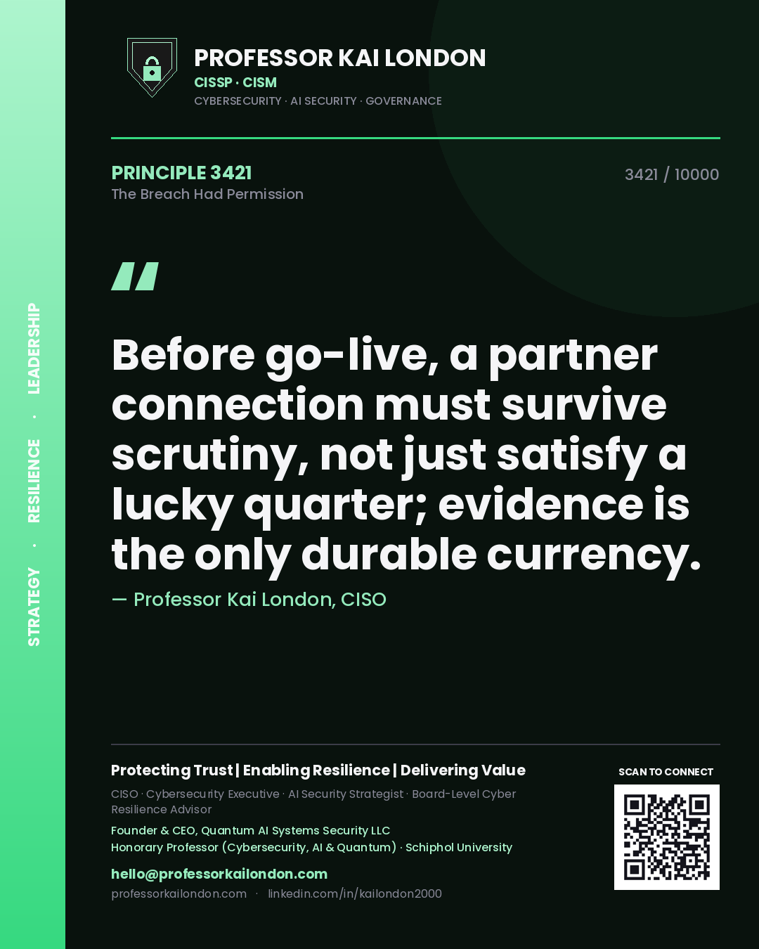Quote card by Professor Kai London reading 'Before go-live, a partner connection must survive scrutiny, not just satisfy a lucky quarter; evidence is the only durable currency.'. From the book The Breach Had Permission.