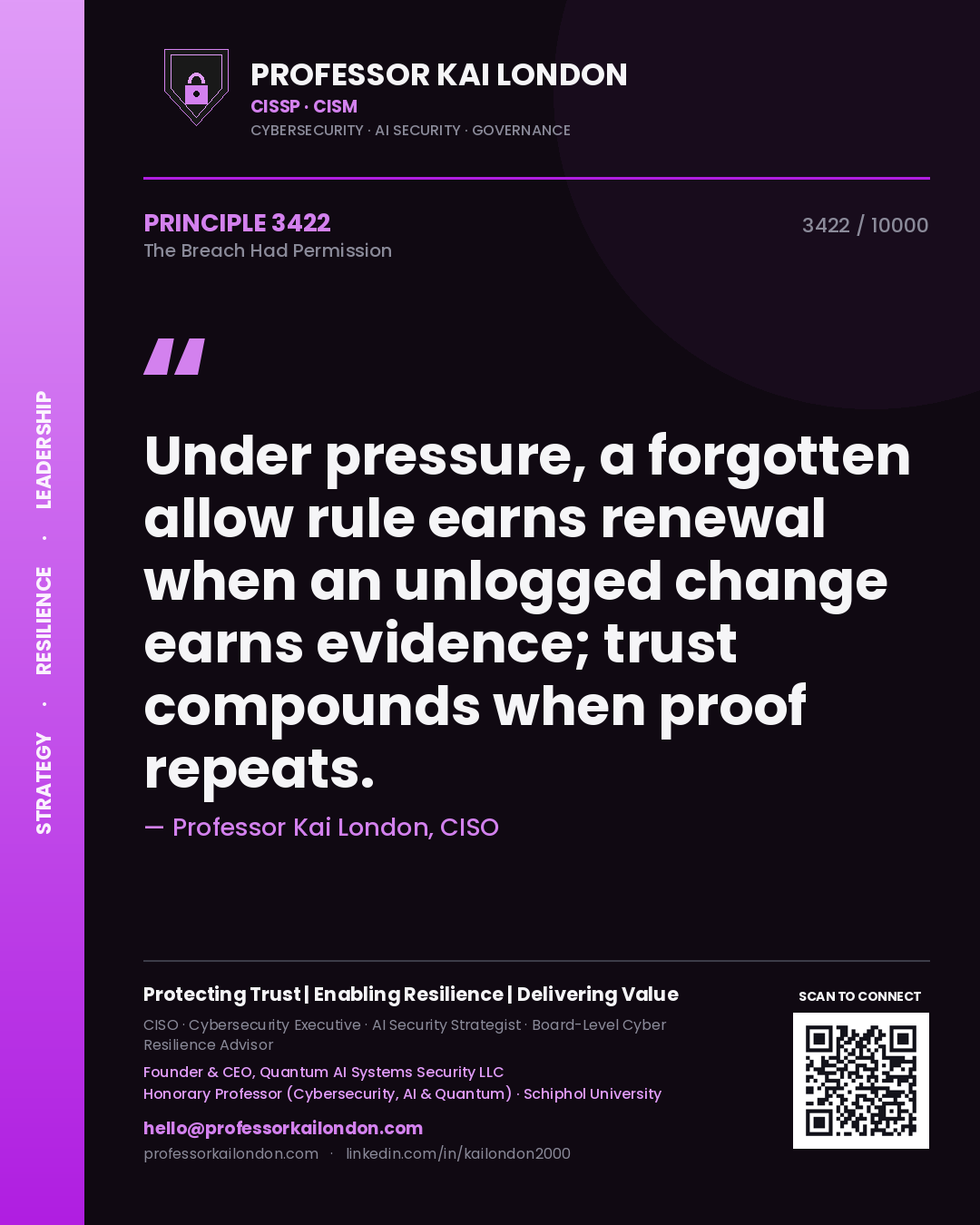 Quote card by Professor Kai London reading 'Under pressure, a forgotten allow rule earns renewal when an unlogged change earns evidence; trust compounds when proof repeats.'. From the book The Breach Had Permission.