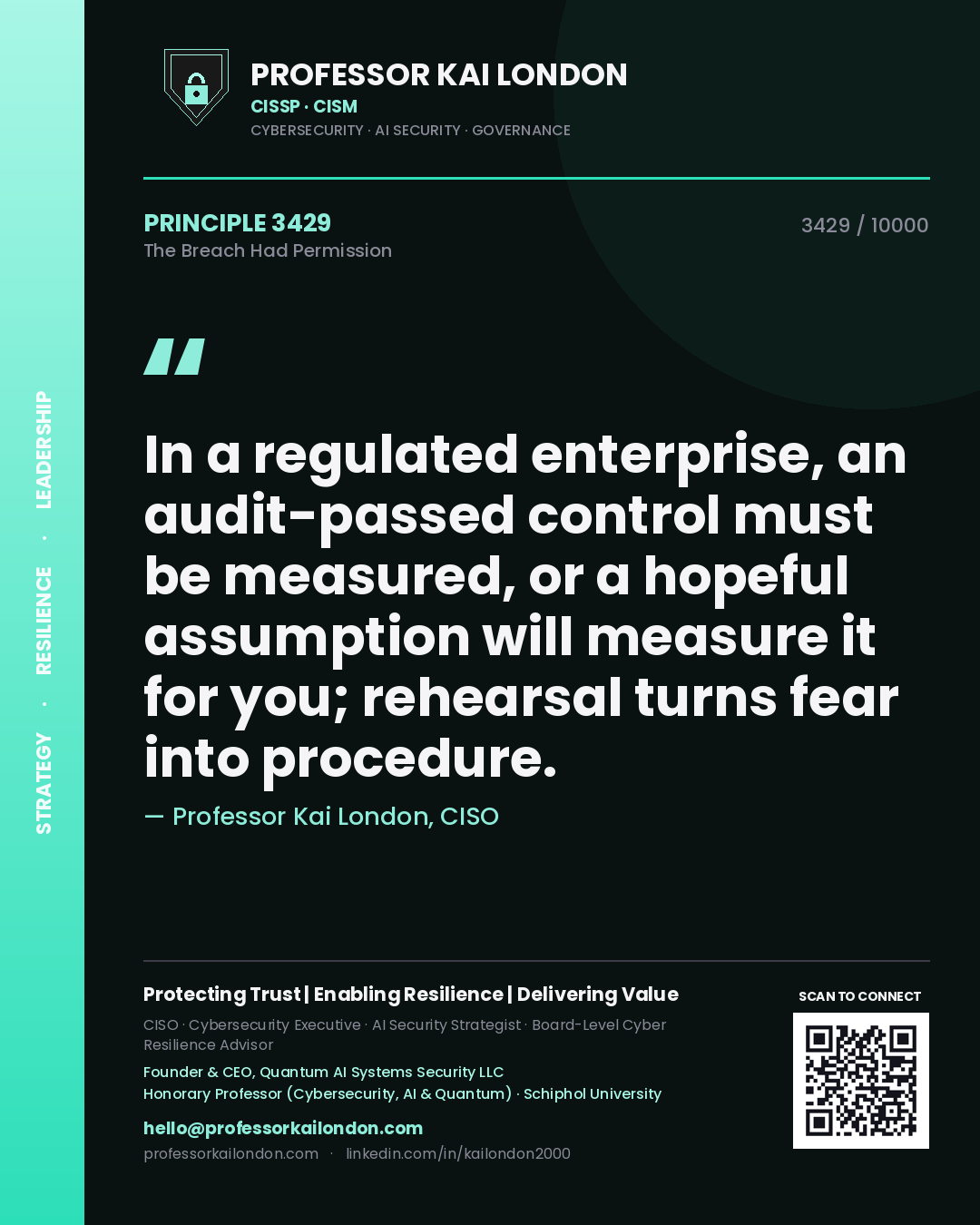 Quote card by Professor Kai London reading 'In a regulated enterprise, an audit-passed control must be measured, or a hopeful assumption will measure it for you; rehearsal turns fear into procedure.'. From the book The Breach Had Permission.