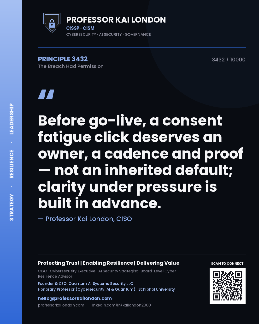 Quote card by Professor Kai London reading 'Before go-live, a consent fatigue click deserves an owner, a cadence and proof — not an inherited default; clarity under pressure is built in advance.'. From the book The Breach Had Permission.