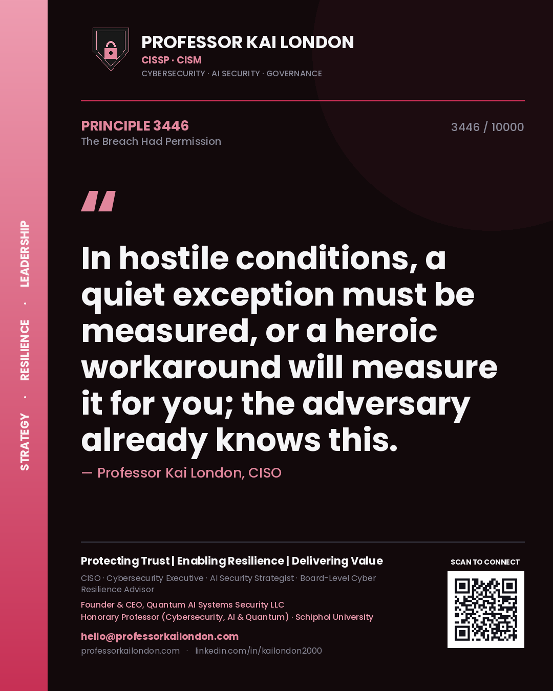 Quote card by Professor Kai London reading 'In hostile conditions, a quiet exception must be measured, or a heroic workaround will measure it for you; the adversary already knows this.'. From the book The Breach Had Permission.