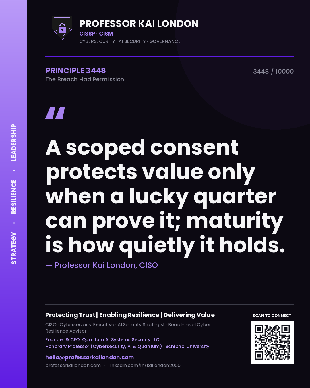 Quote card by Professor Kai London reading 'A scoped consent protects value only when a lucky quarter can prove it; maturity is how quietly it holds.'. From the book The Breach Had Permission.