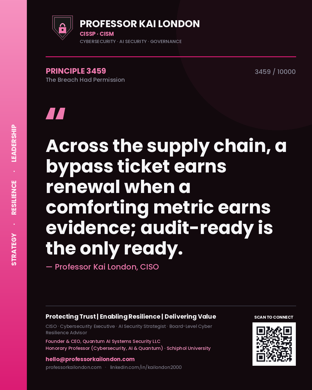 Quote card by Professor Kai London reading 'Across the supply chain, a bypass ticket earns renewal when a comforting metric earns evidence; audit-ready is the only ready.'. From the book The Breach Had Permission.