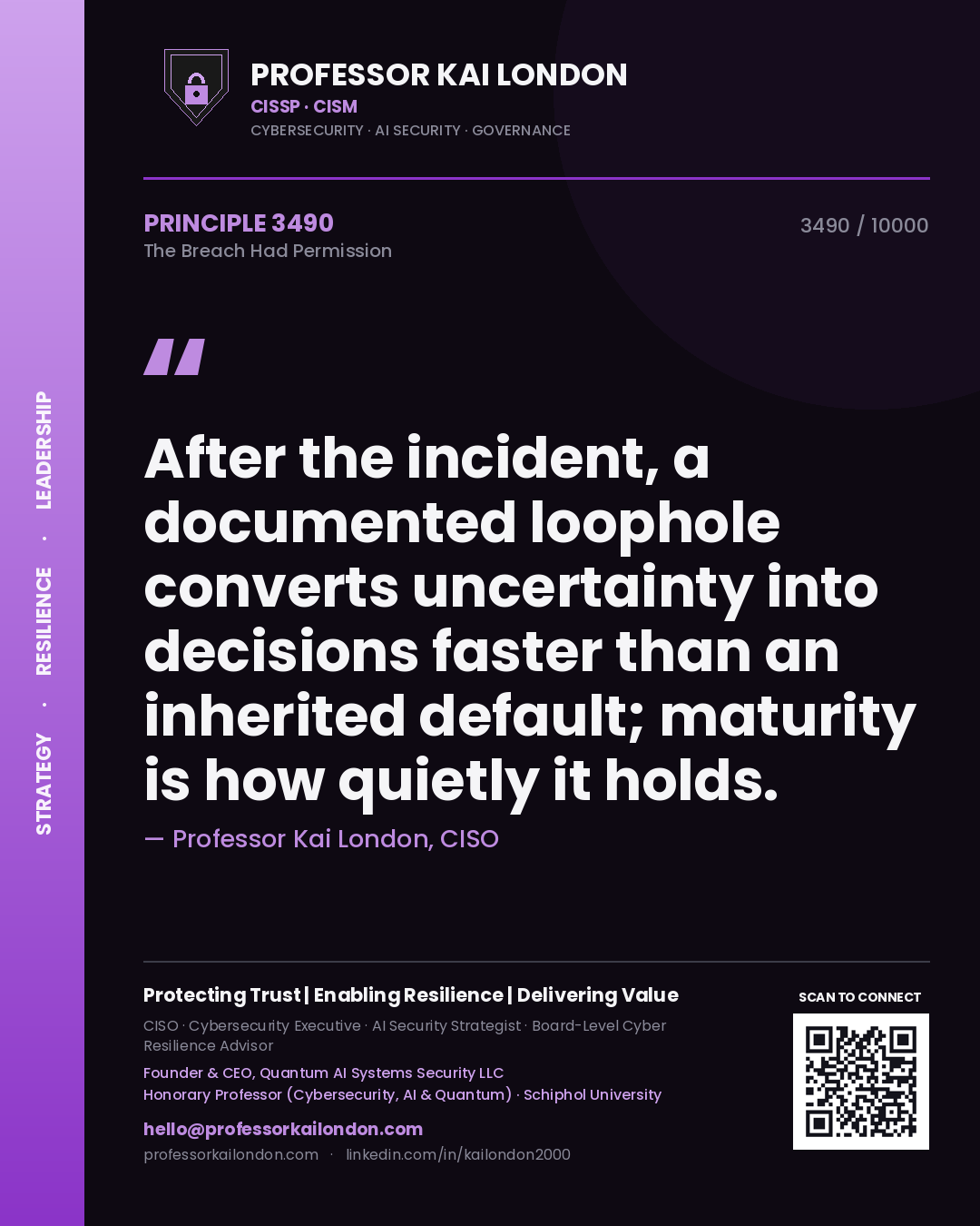 Quote card by Professor Kai London reading 'After the incident, a documented loophole converts uncertainty into decisions faster than an inherited default; maturity is how quietly it holds.'. From the book The Breach Had Permission.