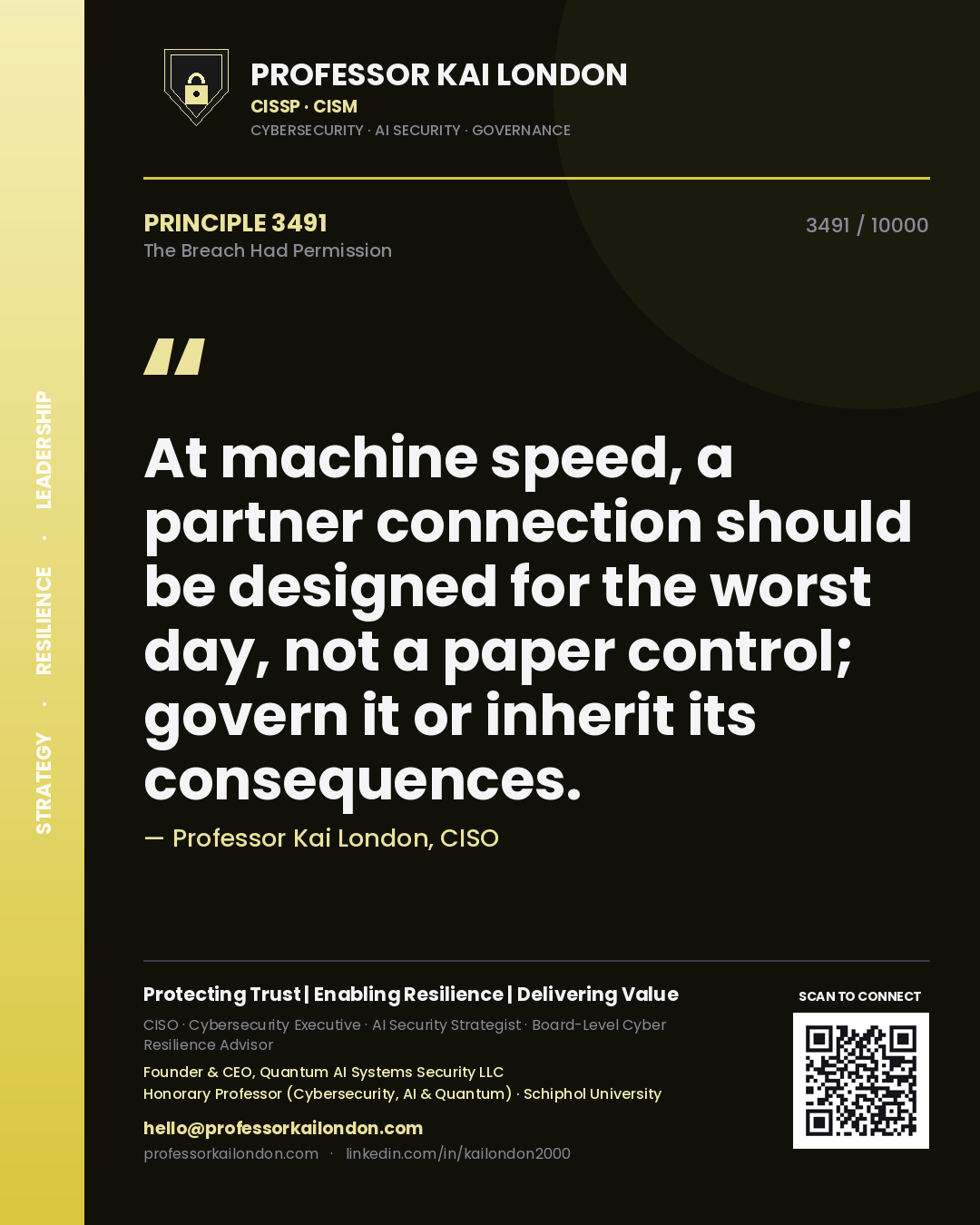Quote card by Professor Kai London reading 'At machine speed, a partner connection should be designed for the worst day, not a paper control; govern it or inherit its consequences.'. From the book The Breach Had Permission.