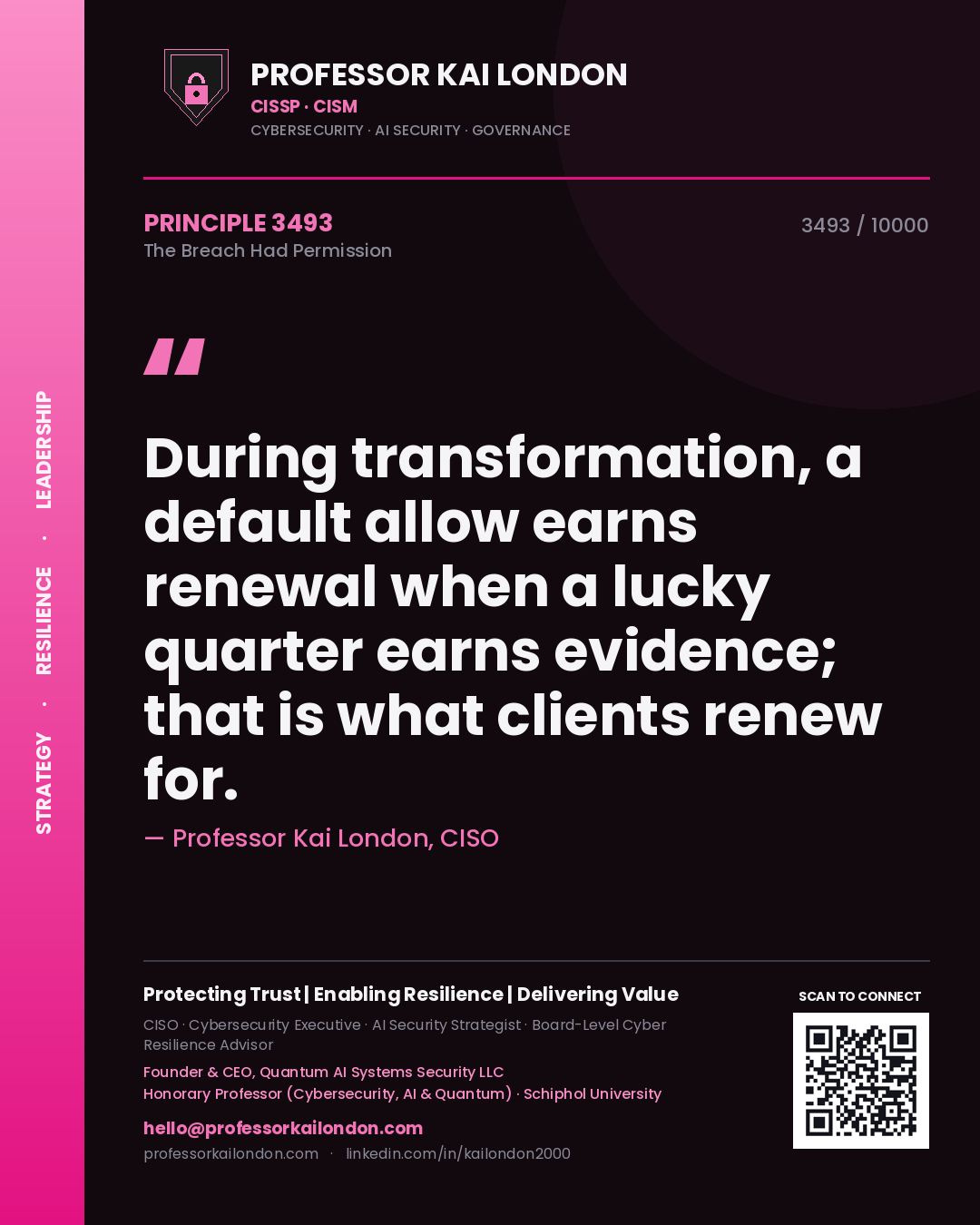 Quote card by Professor Kai London reading 'During transformation, a default allow earns renewal when a lucky quarter earns evidence; that is what clients renew for.'. From the book The Breach Had Permission.