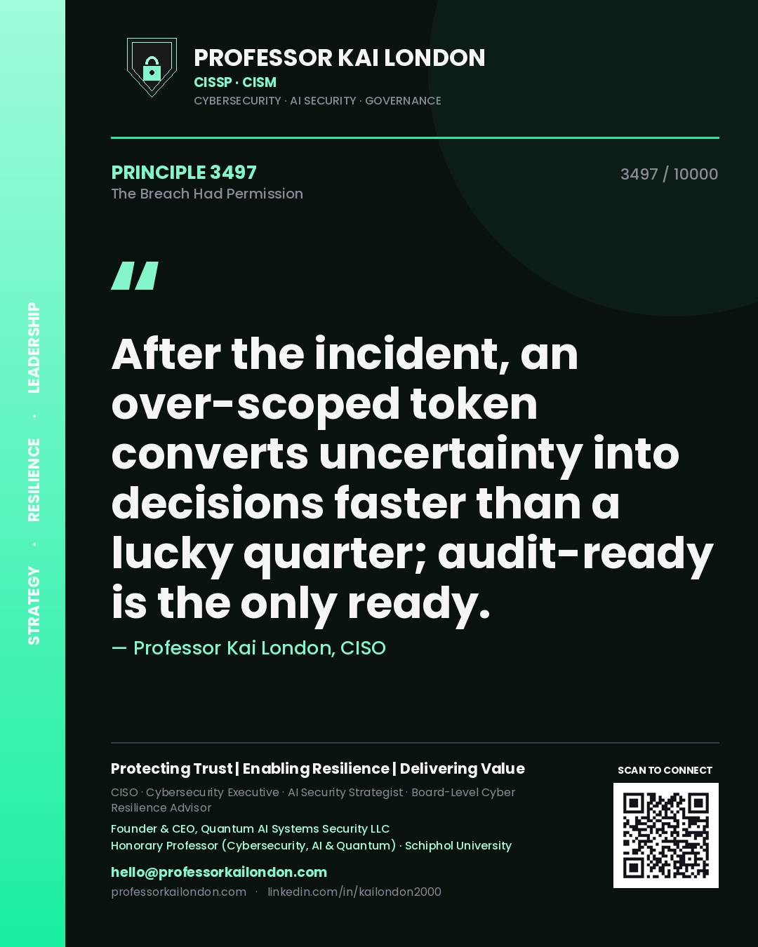 Quote card by Professor Kai London reading 'After the incident, an over-scoped token converts uncertainty into decisions faster than a lucky quarter; audit-ready is the only ready.'. From the book The Breach Had Permission.