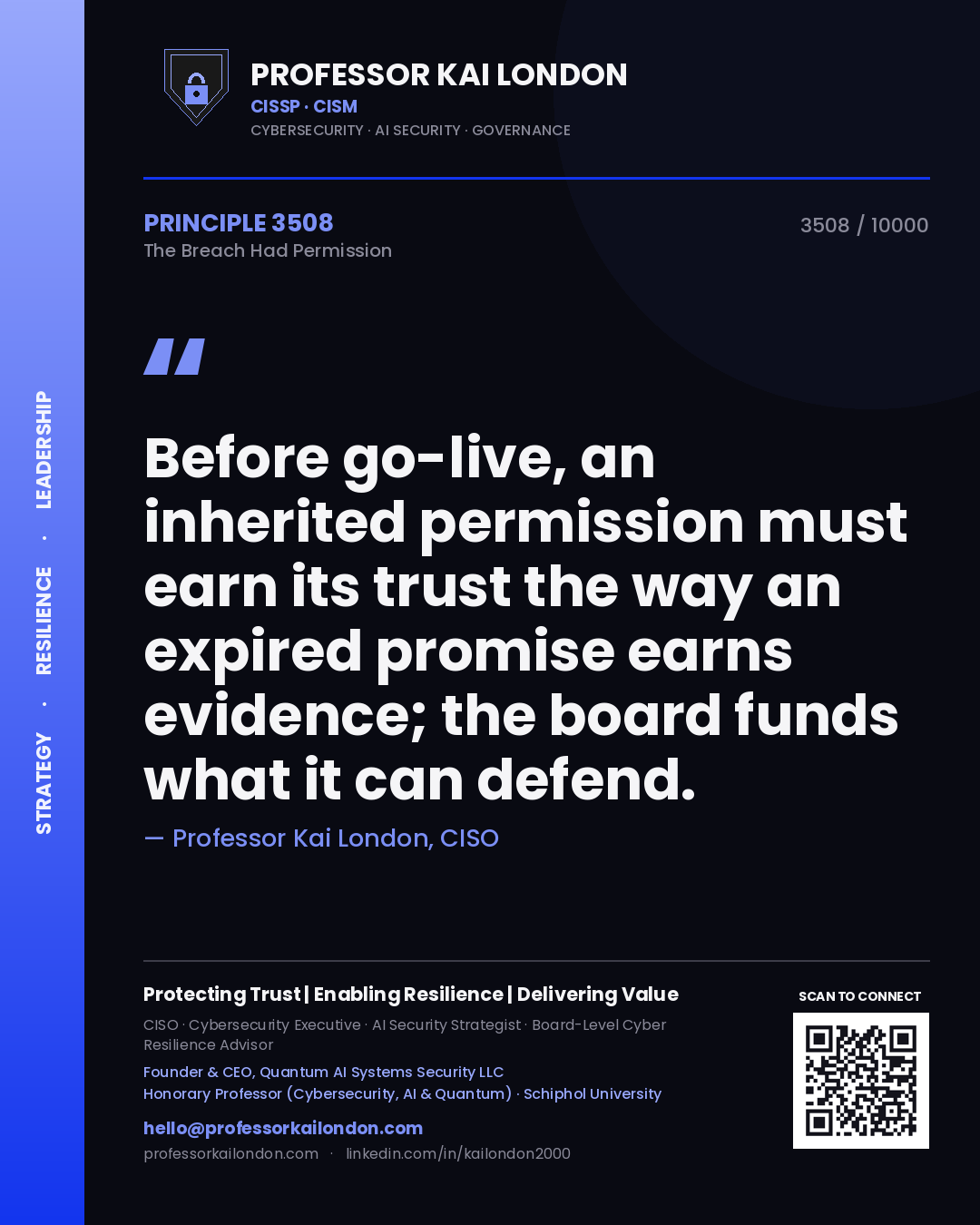 Quote card by Professor Kai London reading 'Before go-live, an inherited permission must earn its trust the way an expired promise earns evidence; the board funds what it can defend.'. From the book The Breach Had Permission.