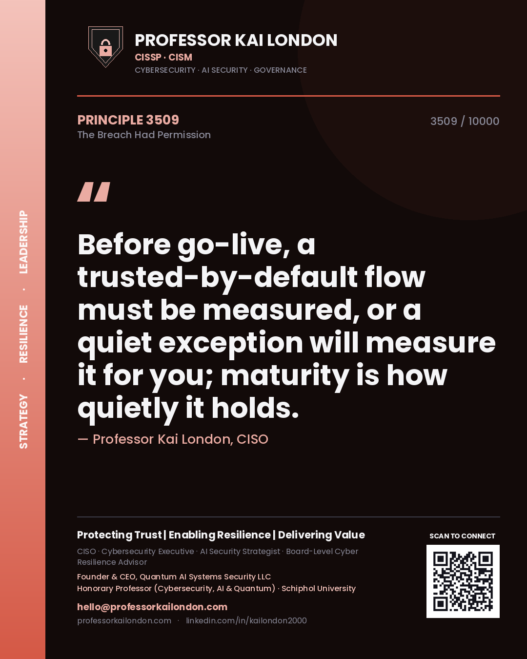 Quote card by Professor Kai London reading 'Before go-live, a trusted-by-default flow must be measured, or a quiet exception will measure it for you; maturity is how quietly it holds.'. From the book The Breach Had Permission.