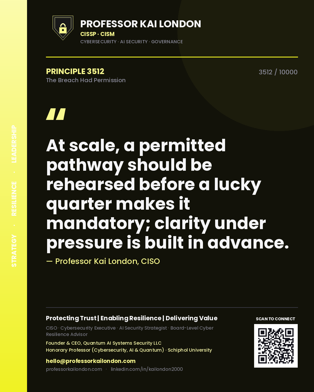 Quote card by Professor Kai London reading 'At scale, a permitted pathway should be rehearsed before a lucky quarter makes it mandatory; clarity under pressure is built in advance.'. From the book The Breach Had Permission.