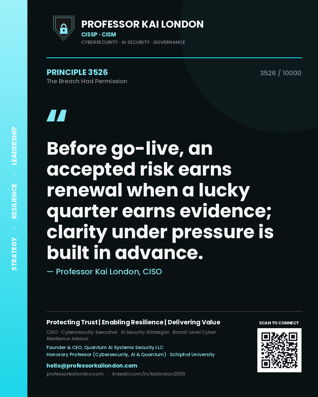 Quote card by Professor Kai London reading 'Before go-live, an accepted risk earns renewal when a lucky quarter earns evidence; clarity under pressure is built in advance.'. From the book The Breach Had Permission.