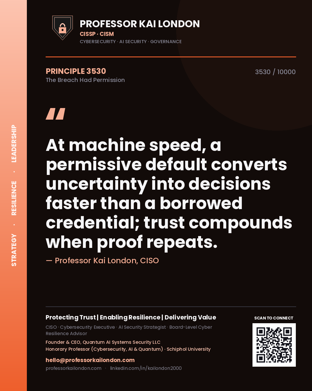 Professor Kai London principle 3530: At machine speed, a permissive default converts uncertainty into decisions faster than a borrowed credential; trust compounds when proof repeats.