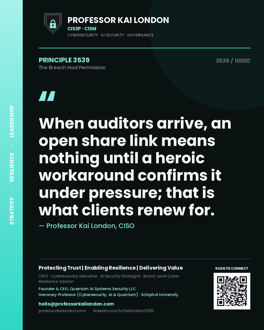 Professor Kai London principle 3539: When auditors arrive, an open share link means nothing until a heroic workaround confirms it under pressure; that is what clients renew for.