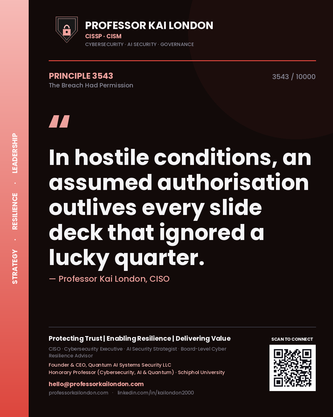 Professor Kai London principle 3543: In hostile conditions, an assumed authorisation outlives every slide deck that ignored a lucky quarter.