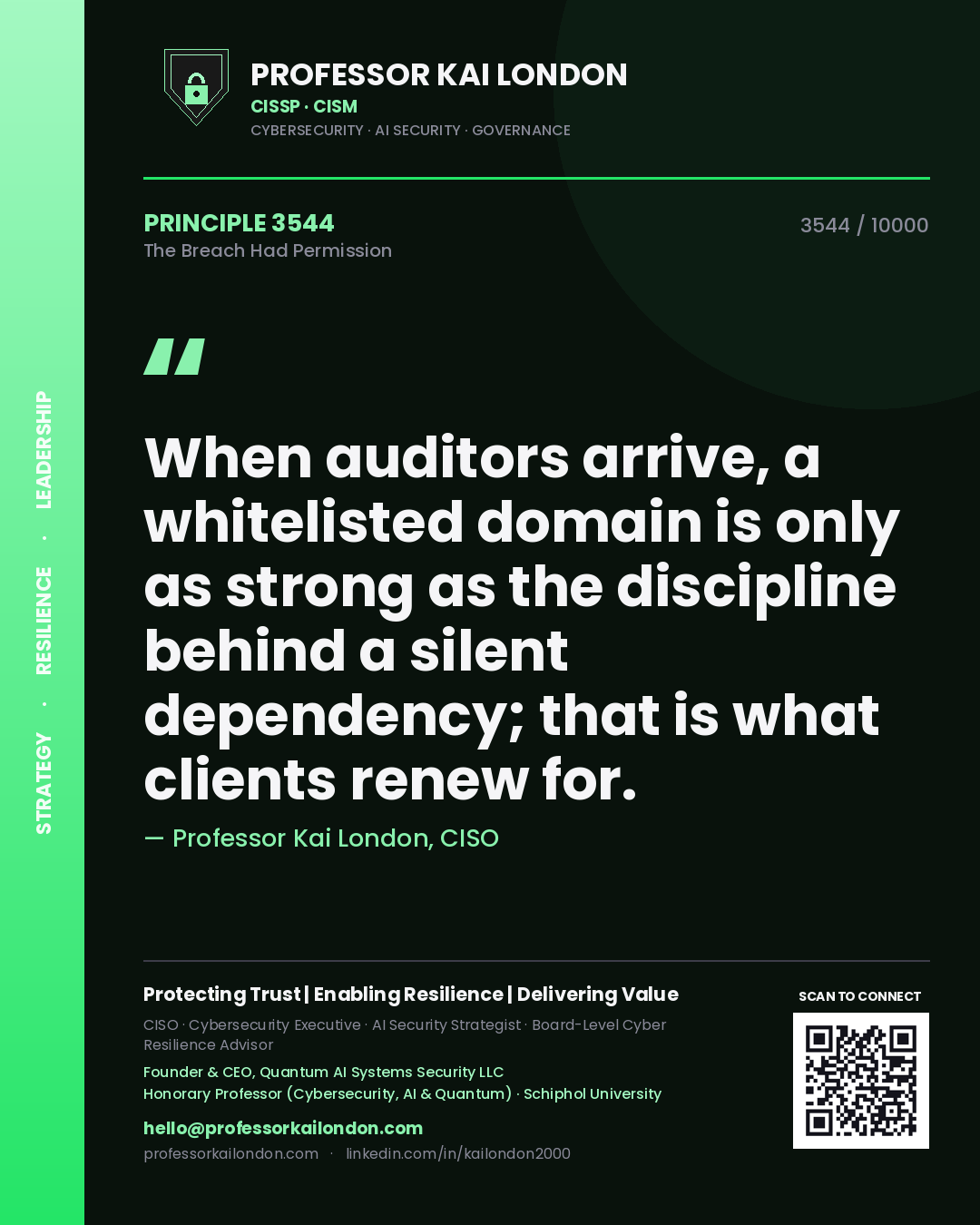 Professor Kai London principle 3544: When auditors arrive, a whitelisted domain is only as strong as the discipline behind a silent dependency; that is what clients renew for.