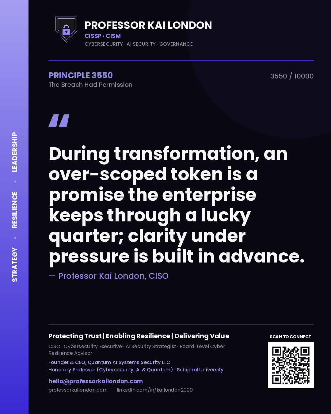 Quote card by Professor Kai London reading 'During transformation, an over-scoped token is a promise the enterprise keeps through a lucky quarter; clarity under pressure is built in advance.'. From the book The Breach Had Permission.