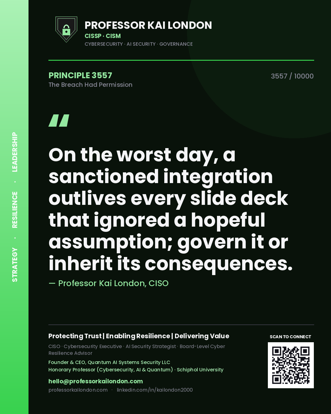 Quote card by Professor Kai London reading 'On the worst day, a sanctioned integration outlives every slide deck that ignored a hopeful assumption; govern it or inherit its consequences.'. From the book The Breach Had Permission.