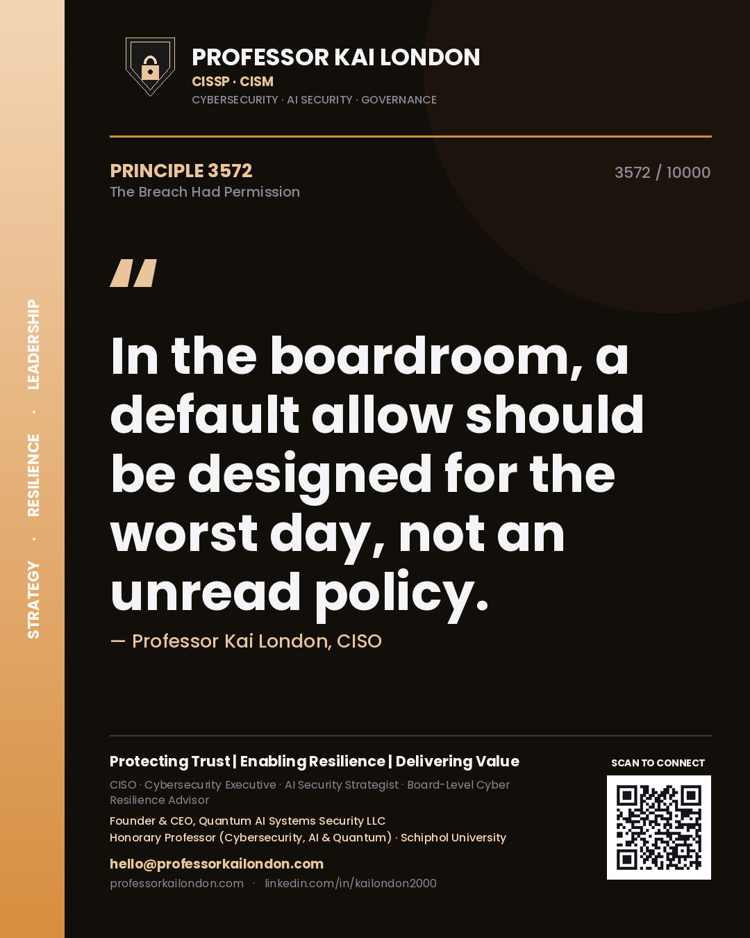 Quote card by Professor Kai London reading 'In the boardroom, a default allow should be designed for the worst day, not an unread policy.'. From the book The Breach Had Permission.