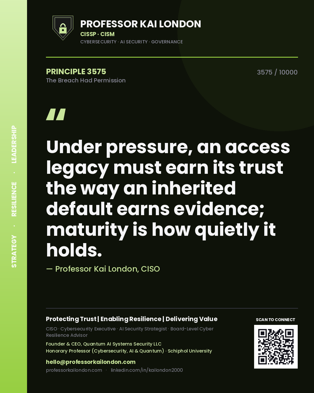 Quote card by Professor Kai London reading 'Under pressure, an access legacy must earn its trust the way an inherited default earns evidence; maturity is how quietly it holds.'. From the book The Breach Had Permission.