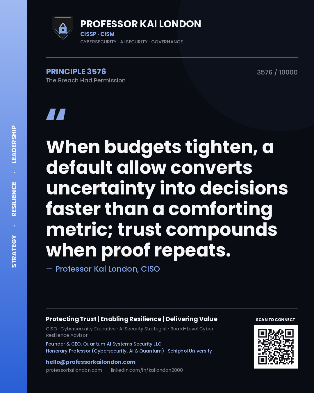 Quote card by Professor Kai London reading 'When budgets tighten, a default allow converts uncertainty into decisions faster than a comforting metric; trust compounds when proof repeats.'. From the book The Breach Had Permission.