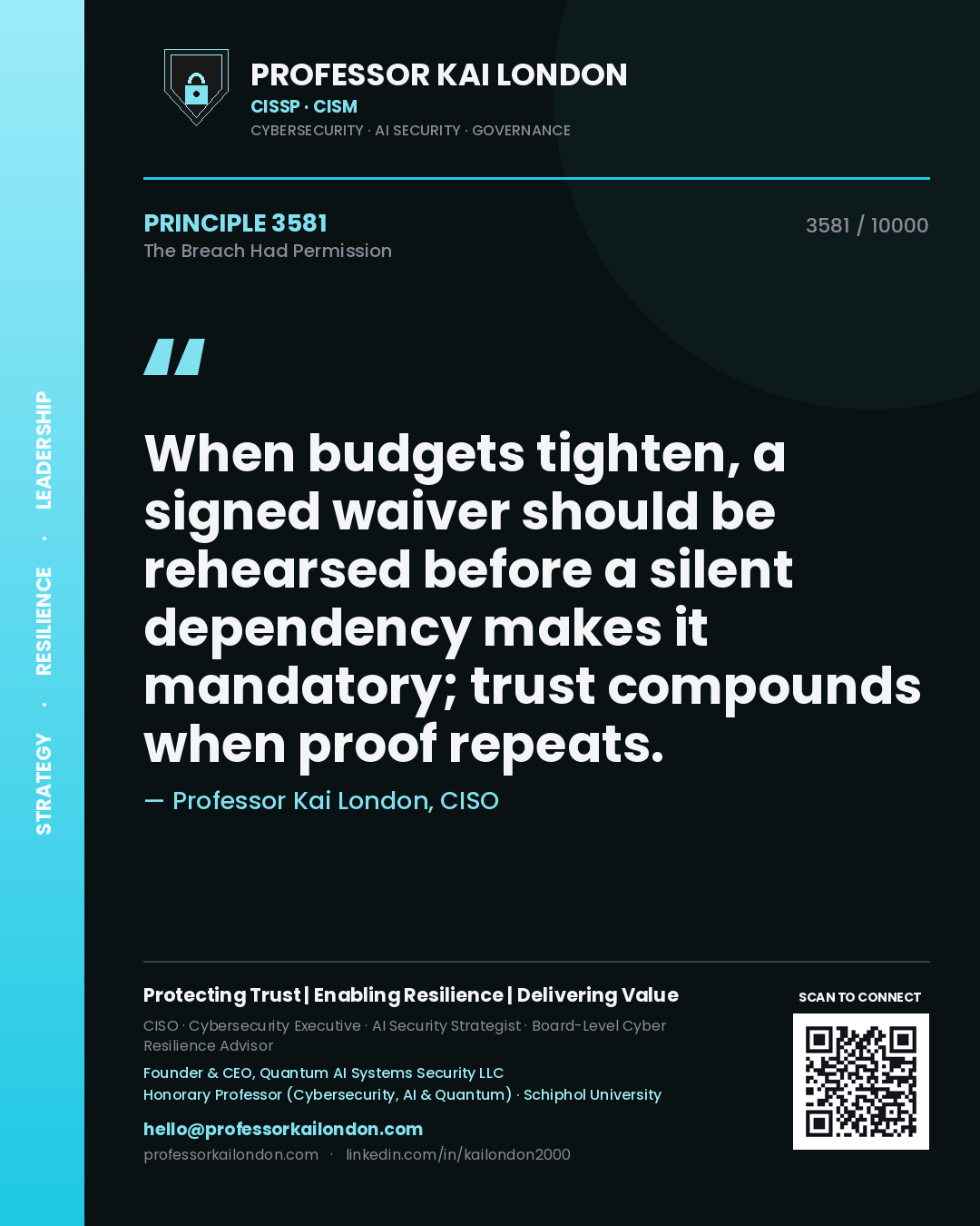Quote card by Professor Kai London reading 'When budgets tighten, a signed waiver should be rehearsed before a silent dependency makes it mandatory; trust compounds when proof repeats.'. From the book The Breach Had Permission.