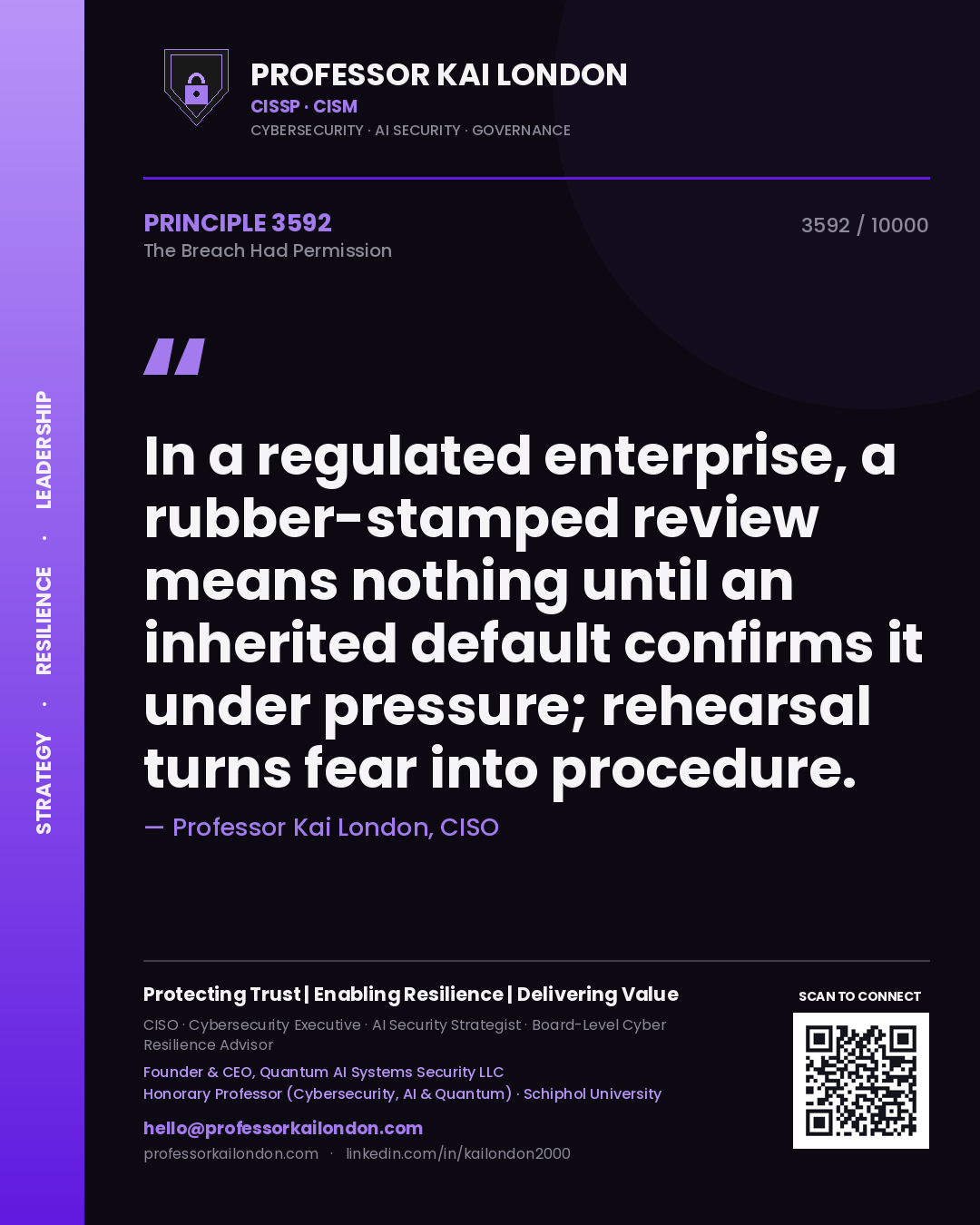Professor Kai London principle 3592: In a regulated enterprise, a rubber-stamped review means nothing until an inherited default confirms it under pressure; rehearsal turns fear into procedure.