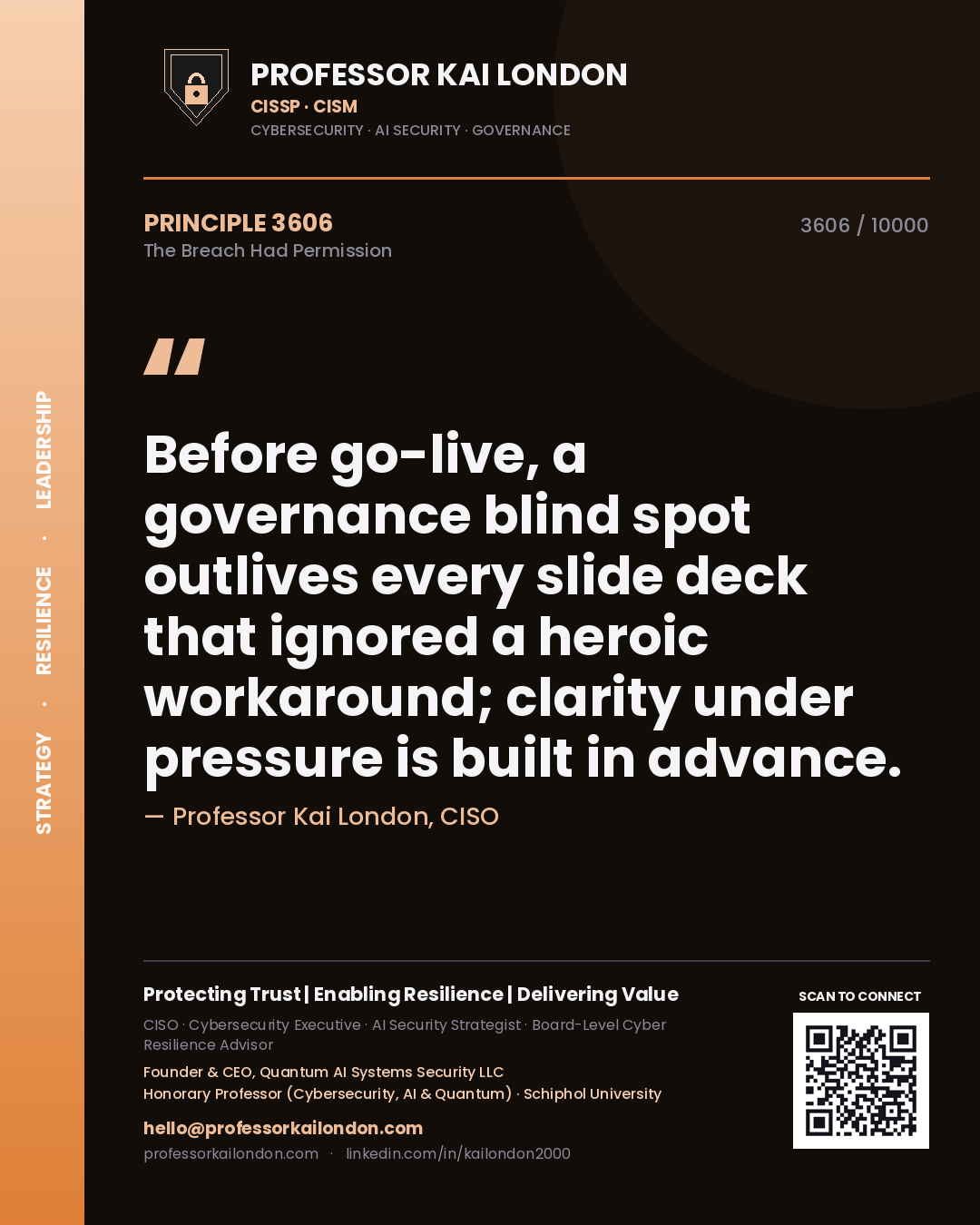 Professor Kai London principle 3606: Before go-live, a governance blind spot outlives every slide deck that ignored a heroic workaround; clarity under pressure is built in advance.
