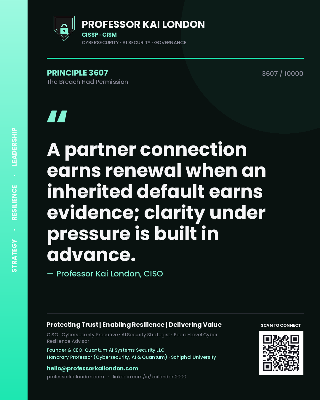 Quote card by Professor Kai London reading 'A partner connection earns renewal when an inherited default earns evidence; clarity under pressure is built in advance.'. From the book The Breach Had Permission.