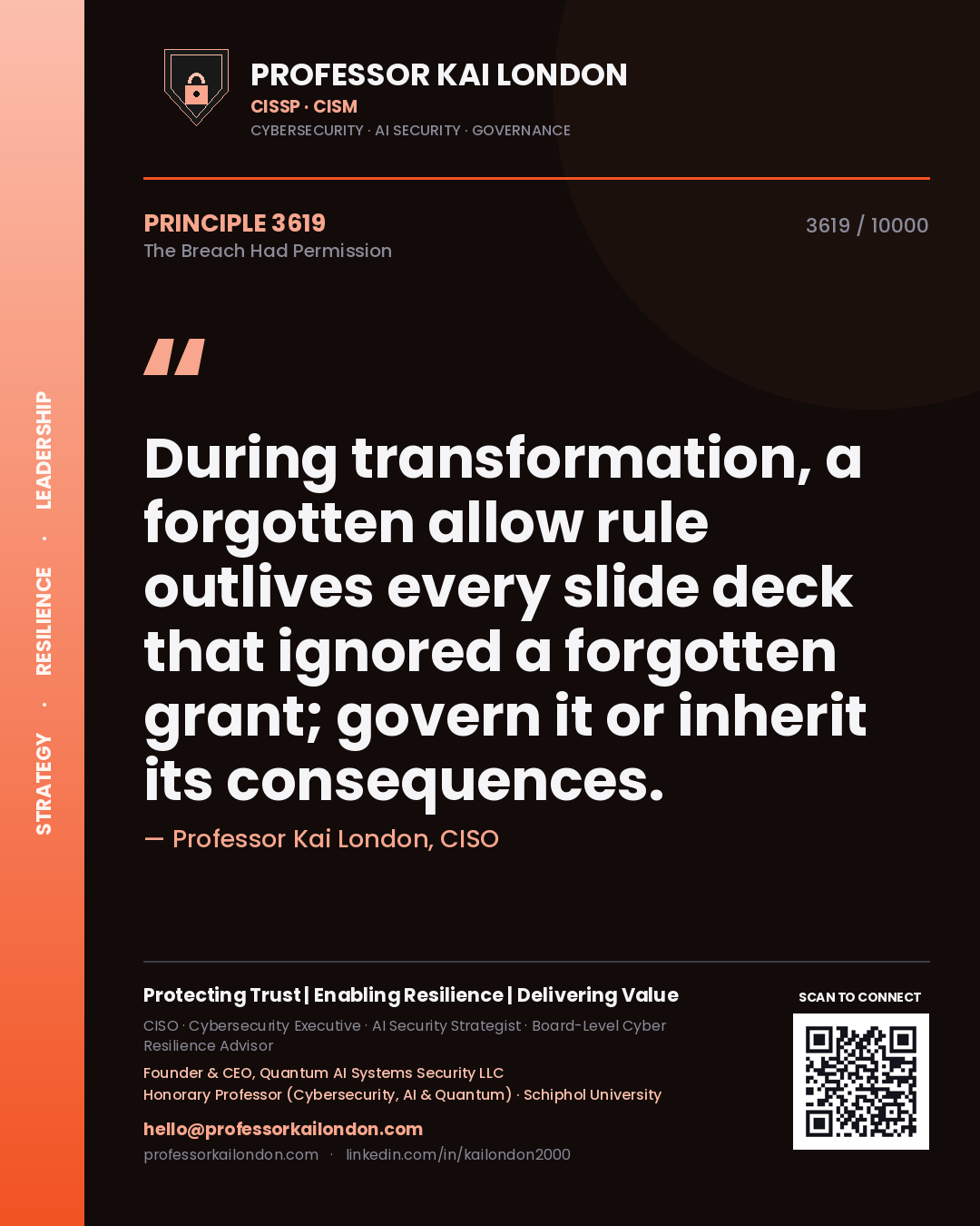 Quote card by Professor Kai London reading 'During transformation, a forgotten allow rule outlives every slide deck that ignored a forgotten grant; govern it or inherit its consequences.'. From the book The Breach Had Permission.