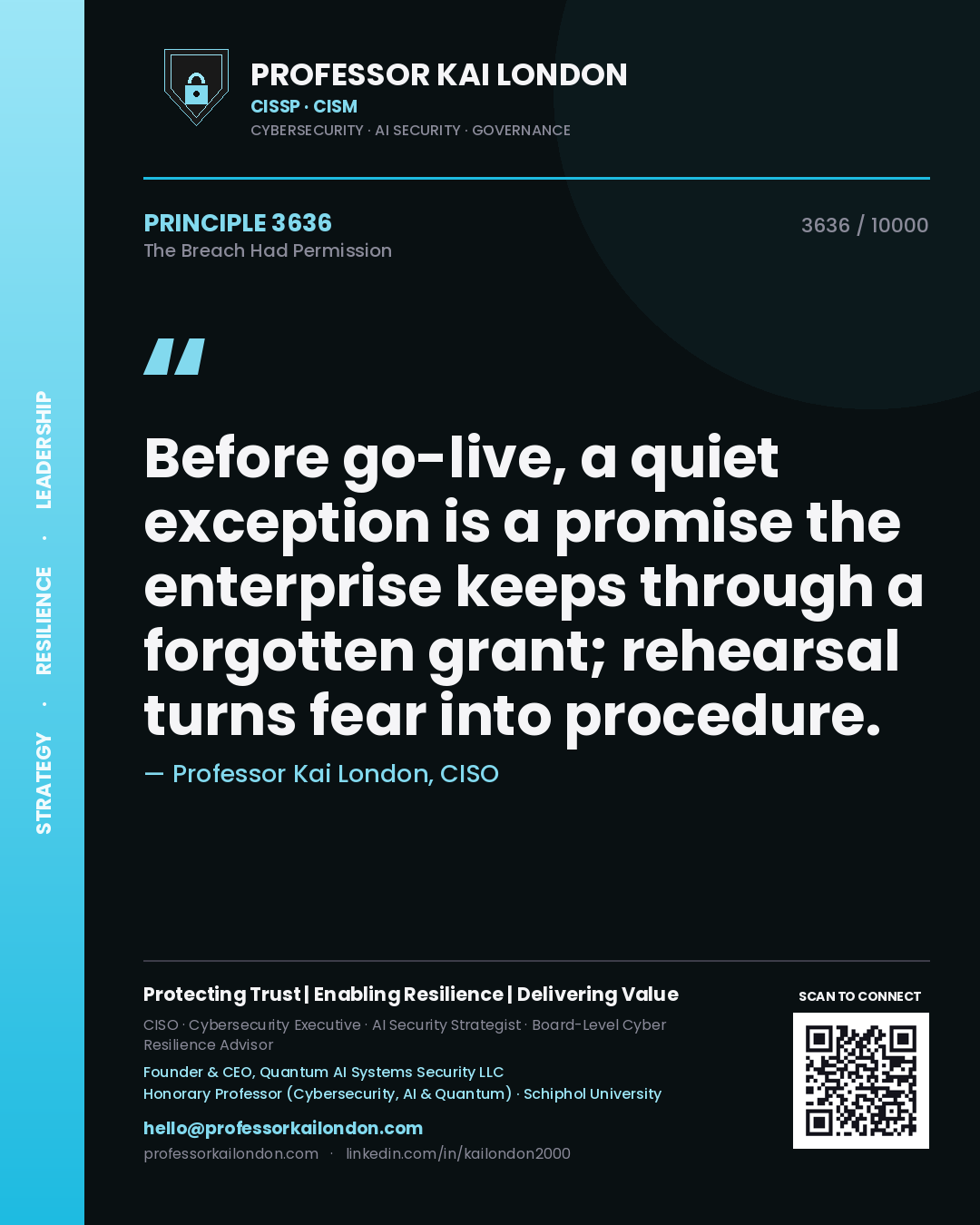 Quote card by Professor Kai London reading 'Before go-live, a quiet exception is a promise the enterprise keeps through a forgotten grant; rehearsal turns fear into procedure.'. From the book The Breach Had Permission.