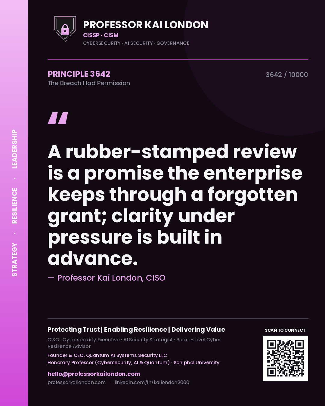 Quote card by Professor Kai London reading 'A rubber-stamped review is a promise the enterprise keeps through a forgotten grant; clarity under pressure is built in advance.'. From the book The Breach Had Permission.