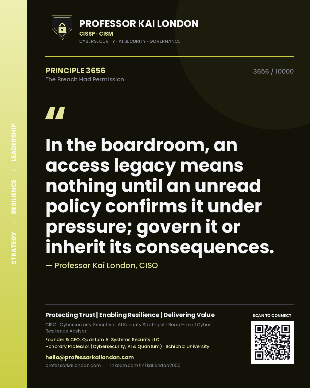 Quote card by Professor Kai London reading 'In the boardroom, an access legacy means nothing until an unread policy confirms it under pressure; govern it or inherit its consequences.'. From the book The Breach Had Permission.