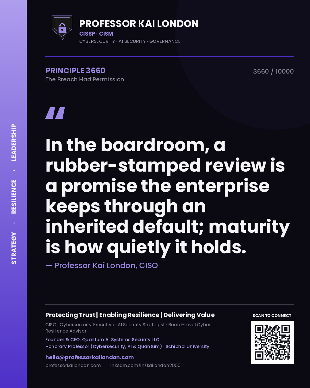 Quote card by Professor Kai London reading 'In the boardroom, a rubber-stamped review is a promise the enterprise keeps through an inherited default; maturity is how quietly it holds.'. From the book The Breach Had Permission.