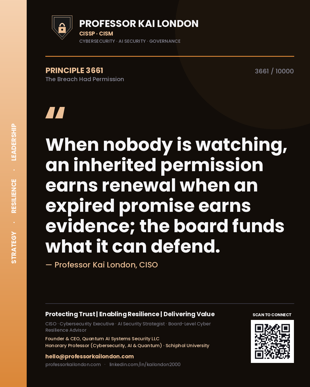 Quote card by Professor Kai London reading 'When nobody is watching, an inherited permission earns renewal when an expired promise earns evidence; the board funds what it can defend.'. From the book The Breach Had Permission.