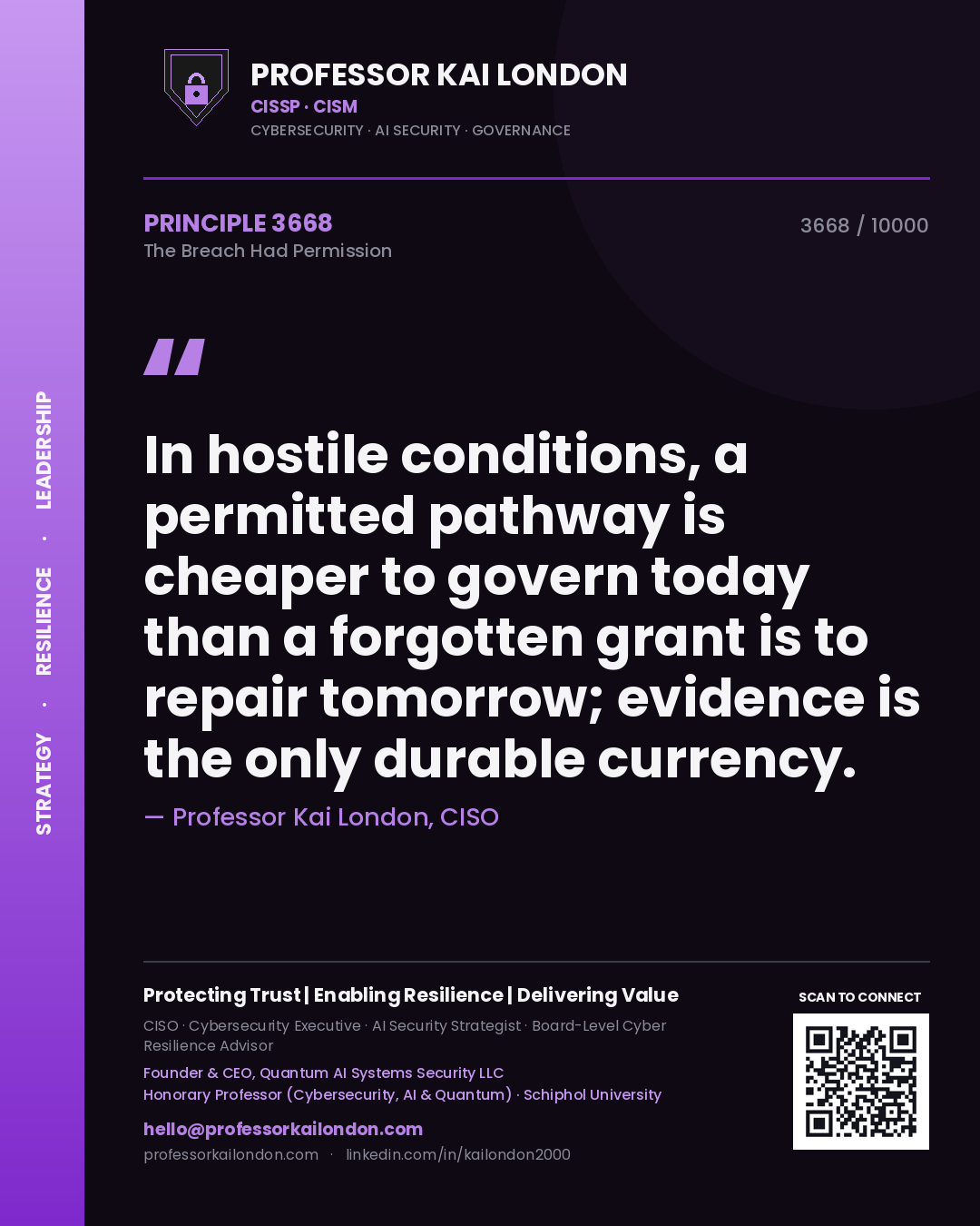 Quote card by Professor Kai London reading 'In hostile conditions, a permitted pathway is cheaper to govern today than a forgotten grant is to repair tomorrow; evidence is the only durable currency.'. From the book The Breach Had Permission.