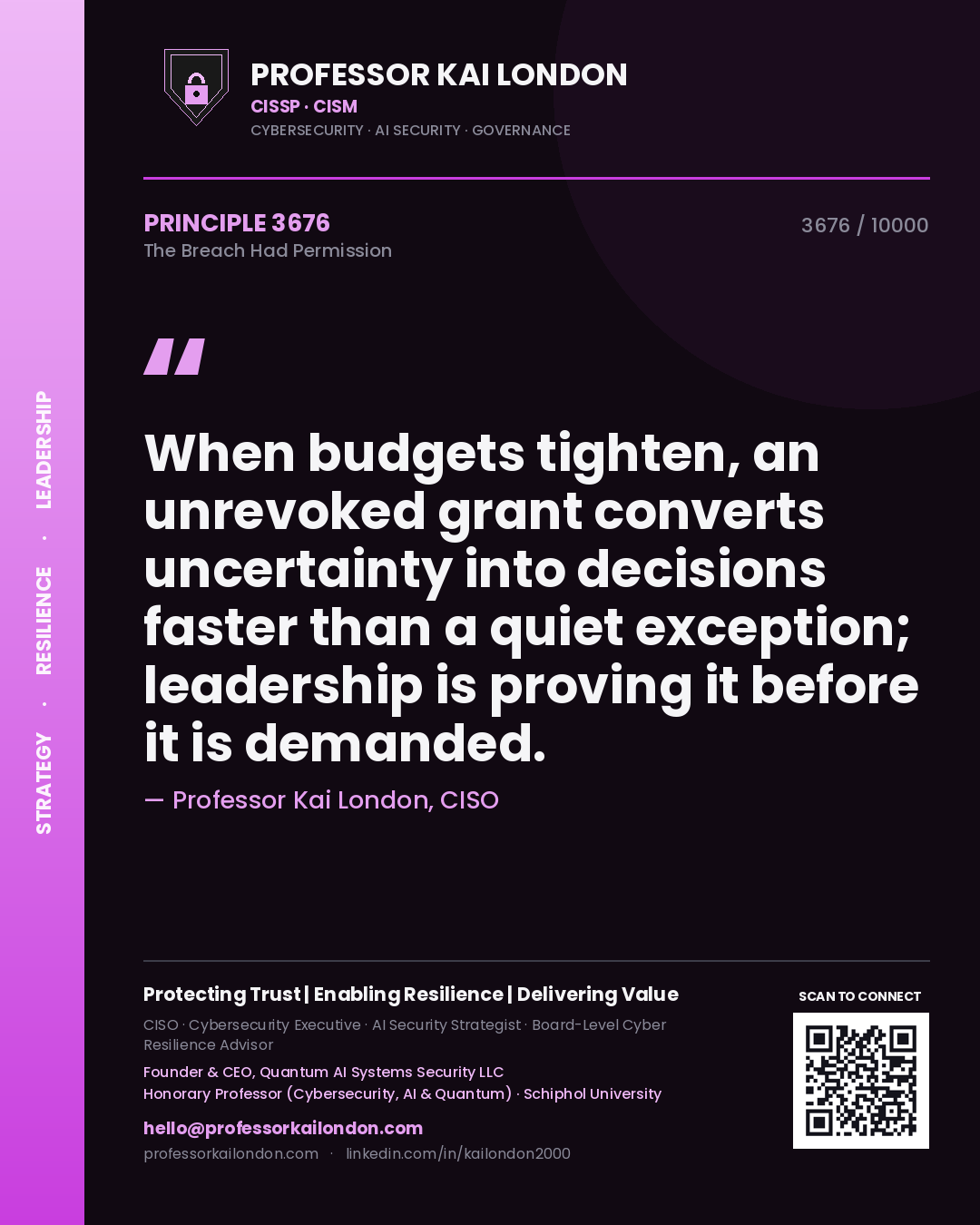 Quote card by Professor Kai London reading 'When budgets tighten, an unrevoked grant converts uncertainty into decisions faster than a quiet exception; leadership is proving it before it is demanded.'. From the book The Breach Had Permission.
