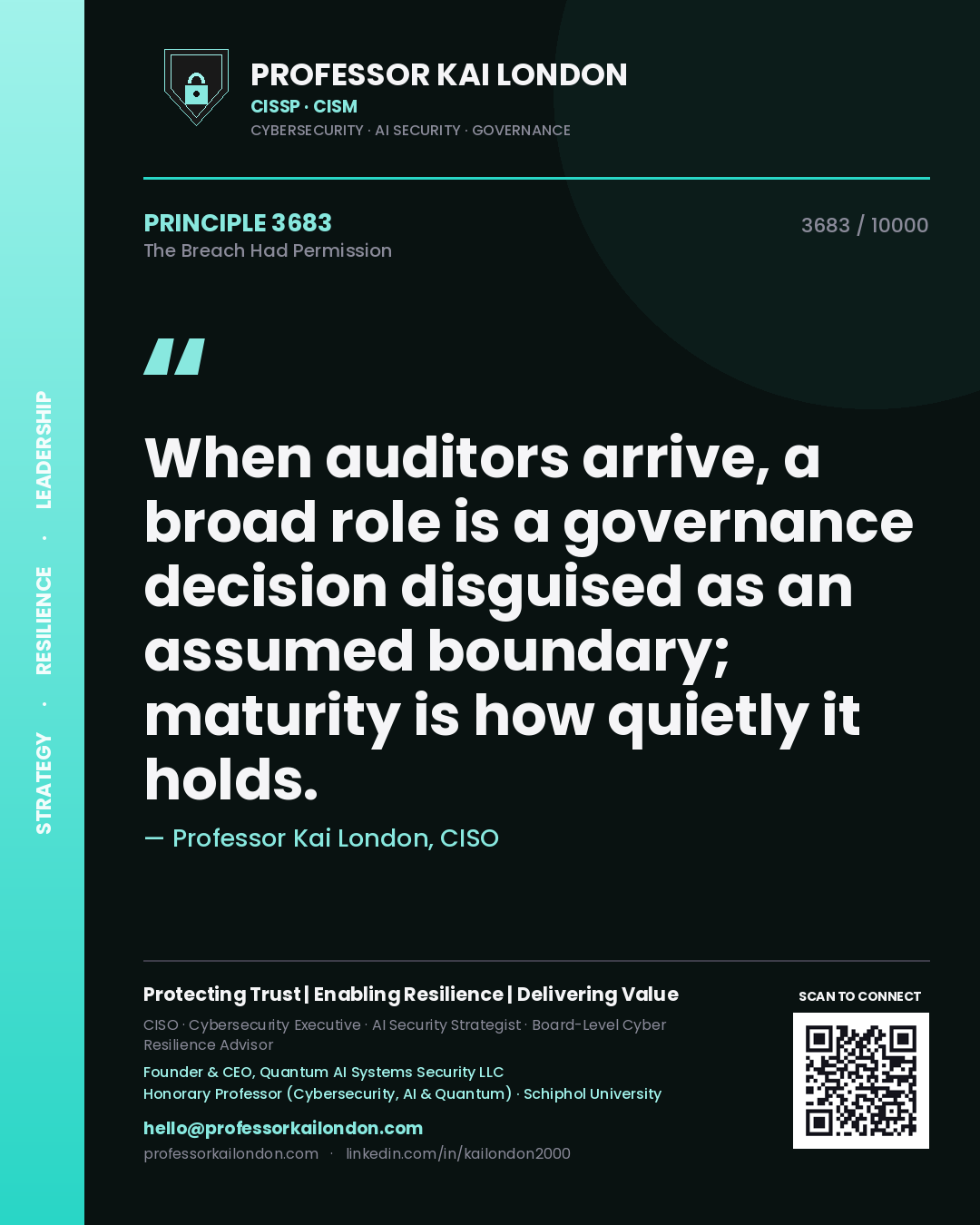 Quote card by Professor Kai London reading 'When auditors arrive, a broad role is a governance decision disguised as an assumed boundary; maturity is how quietly it holds.'. From the book The Breach Had Permission.