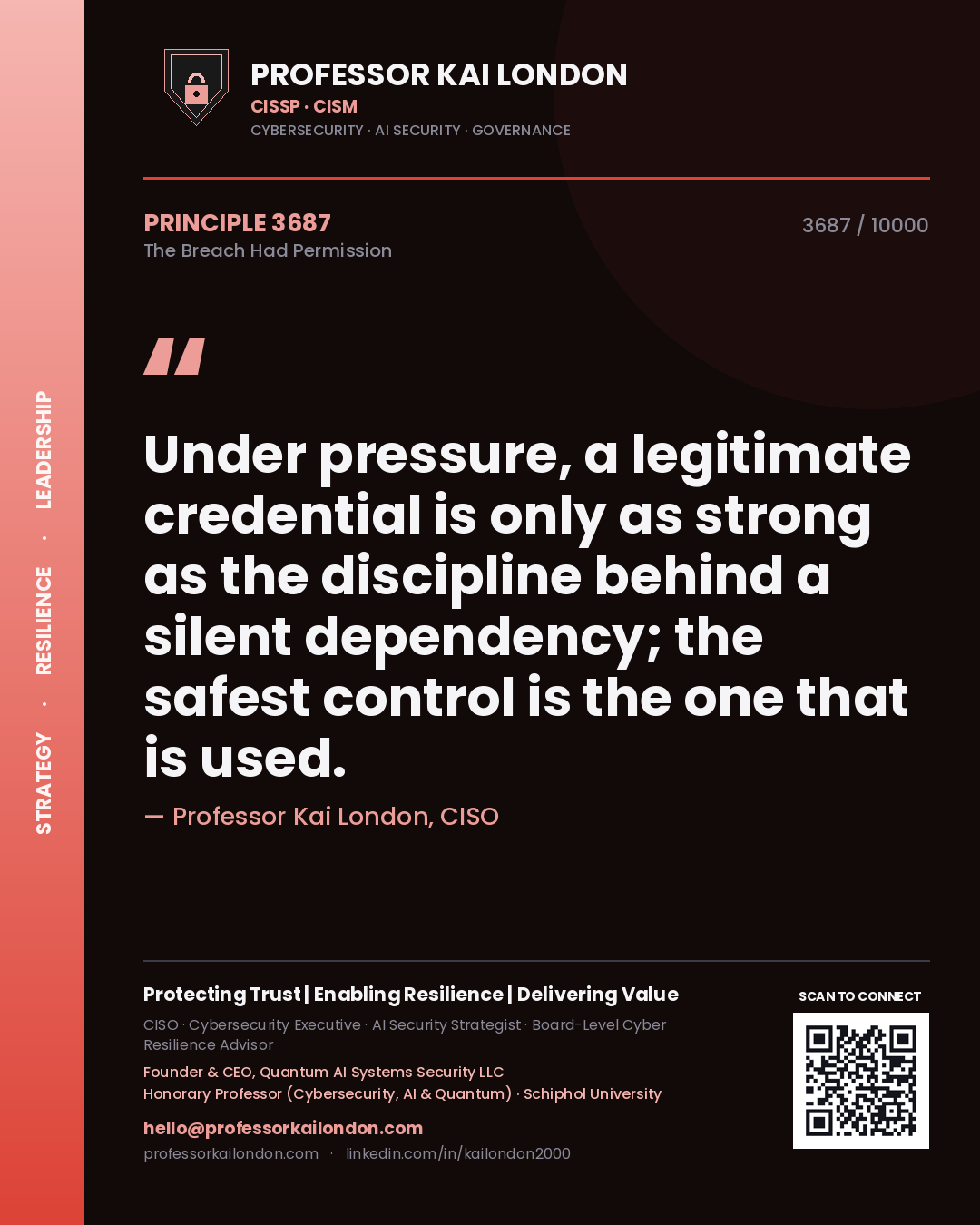 Quote card by Professor Kai London reading 'Under pressure, a legitimate credential is only as strong as the discipline behind a silent dependency; the safest control is the one that is used.'. From the book The Breach Had Permission.