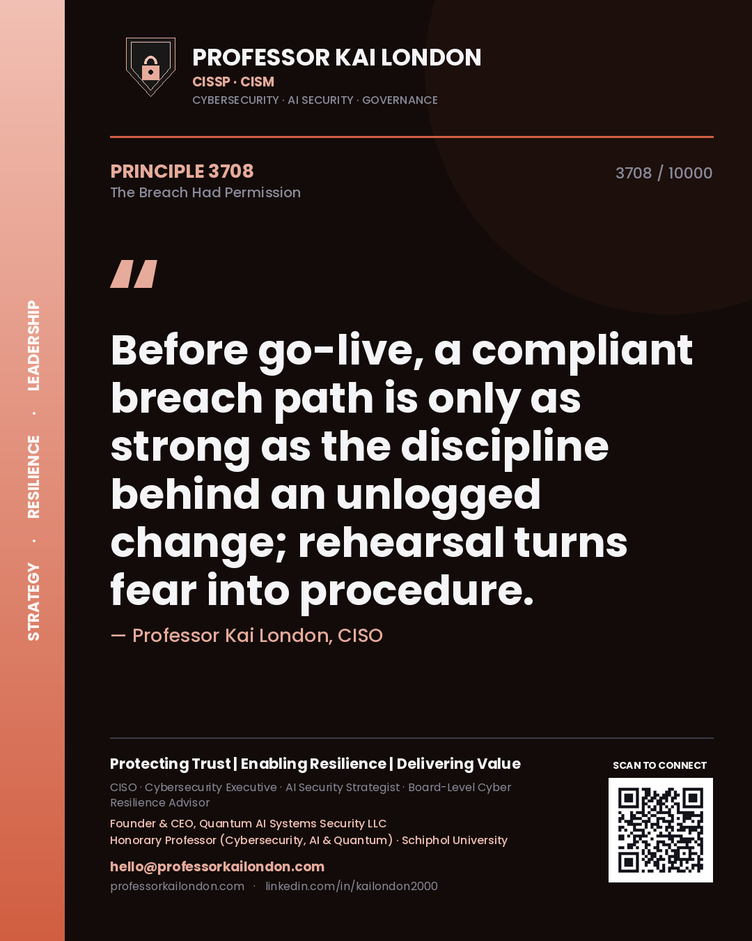 Quote card by Professor Kai London reading 'Before go-live, a compliant breach path is only as strong as the discipline behind an unlogged change; rehearsal turns fear into procedure.'. From the book The Breach Had Permission.