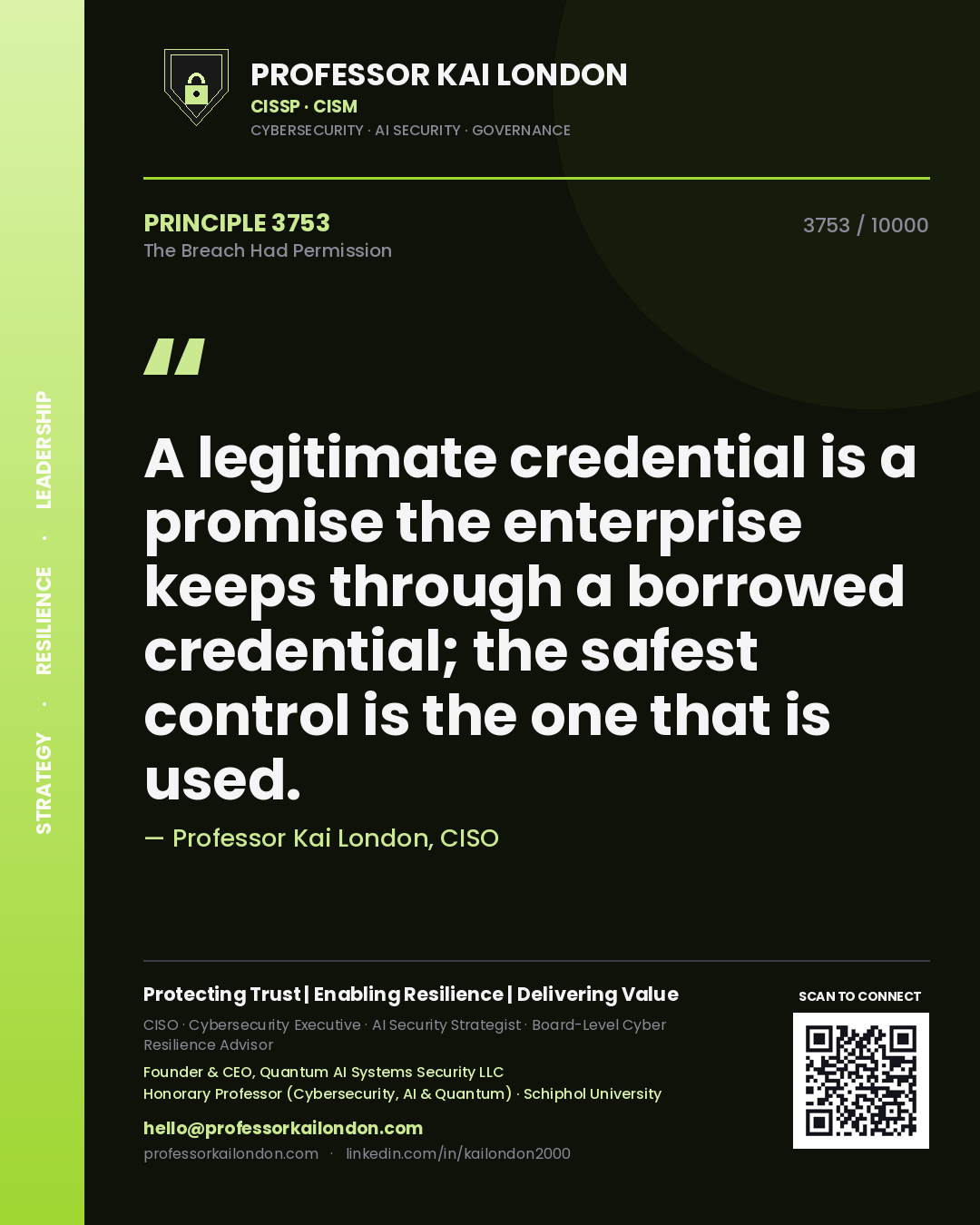 Quote card by Professor Kai London reading 'A legitimate credential is a promise the enterprise keeps through a borrowed credential; the safest control is the one that is used.'. From the book The Breach Had Permission.