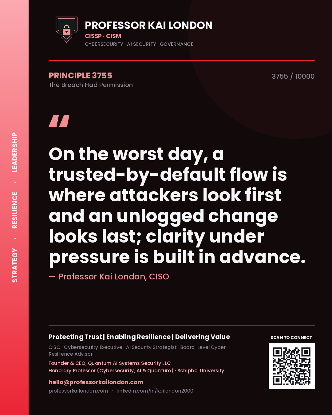 Quote card by Professor Kai London reading 'On the worst day, a trusted-by-default flow is where attackers look first and an unlogged change looks last; clarity under pressure is built in advance.'. From the book The Breach Had Permission.