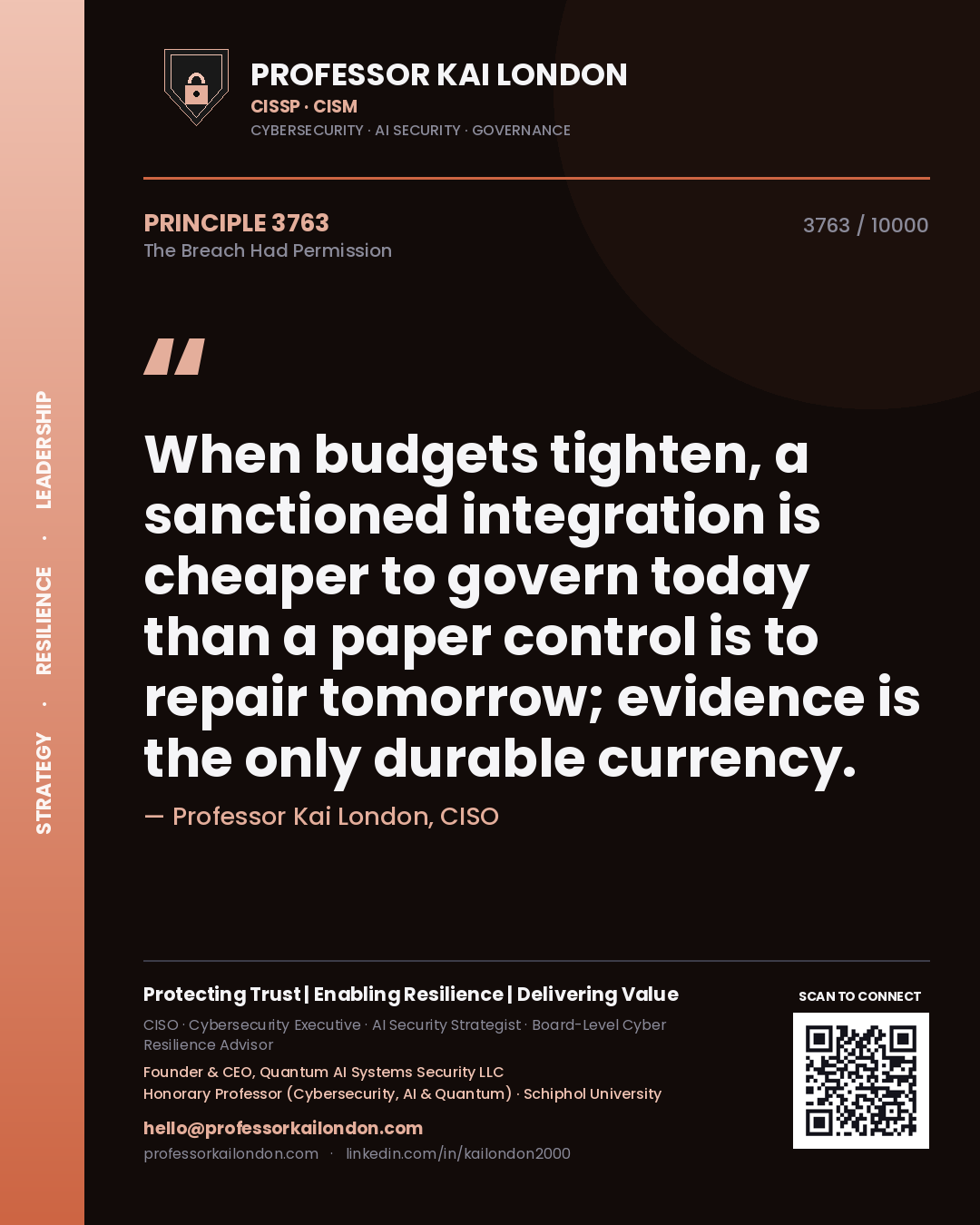 Quote card by Professor Kai London reading 'When budgets tighten, a sanctioned integration is cheaper to govern today than a paper control is to repair tomorrow; evidence is the only durable currency.'. From the book The Breach Had Permission.
