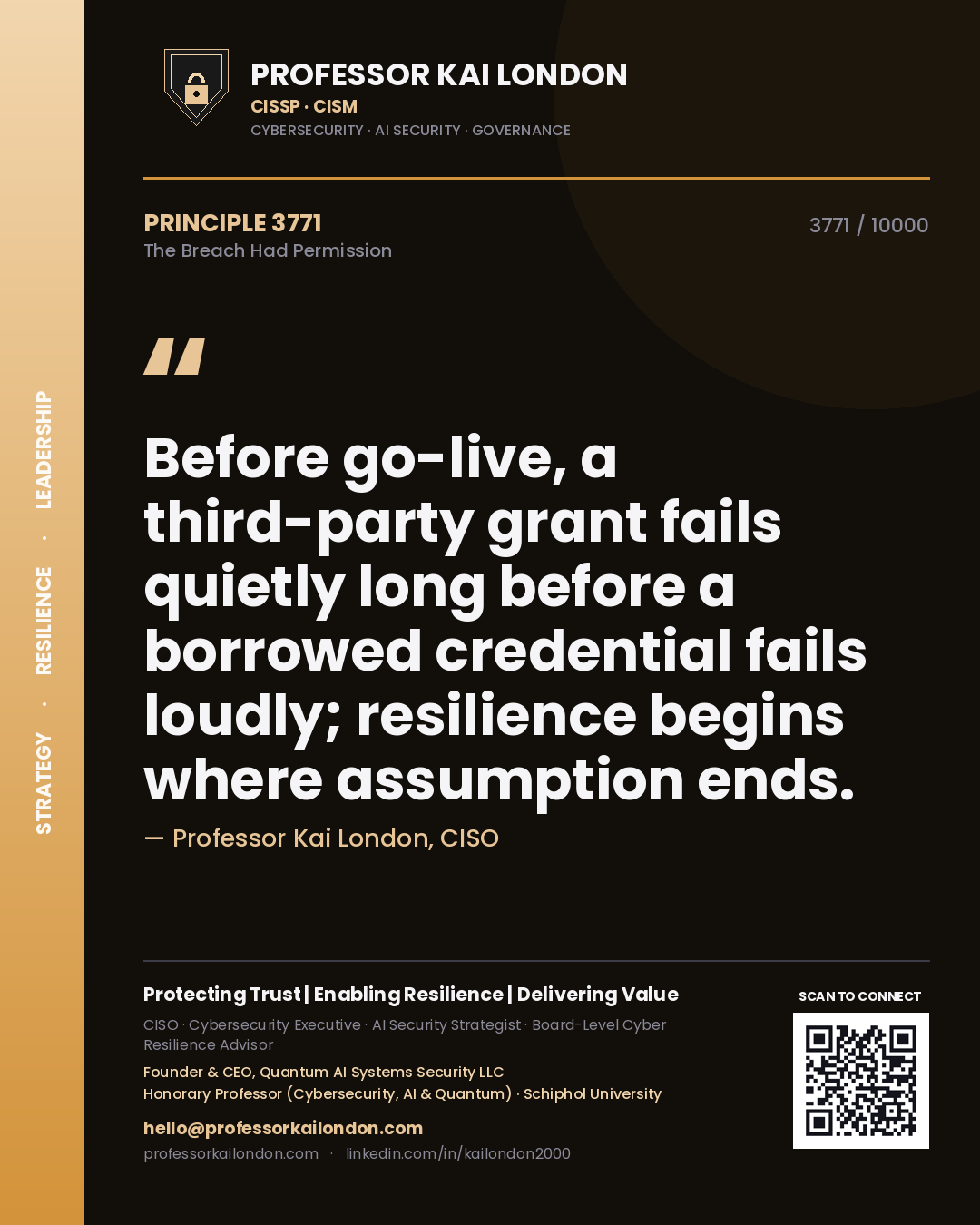 Quote card by Professor Kai London reading 'Before go-live, a third-party grant fails quietly long before a borrowed credential fails loudly; resilience begins where assumption ends.'. From the book The Breach Had Permission.