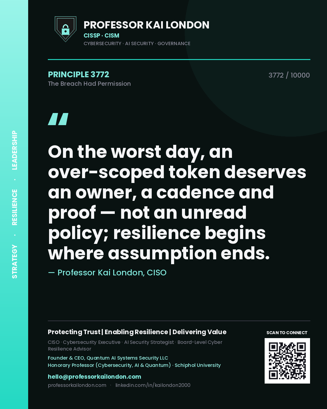 Quote card by Professor Kai London reading 'On the worst day, an over-scoped token deserves an owner, a cadence and proof — not an unread policy; resilience begins where assumption ends.'. From the book The Breach Had Permission.