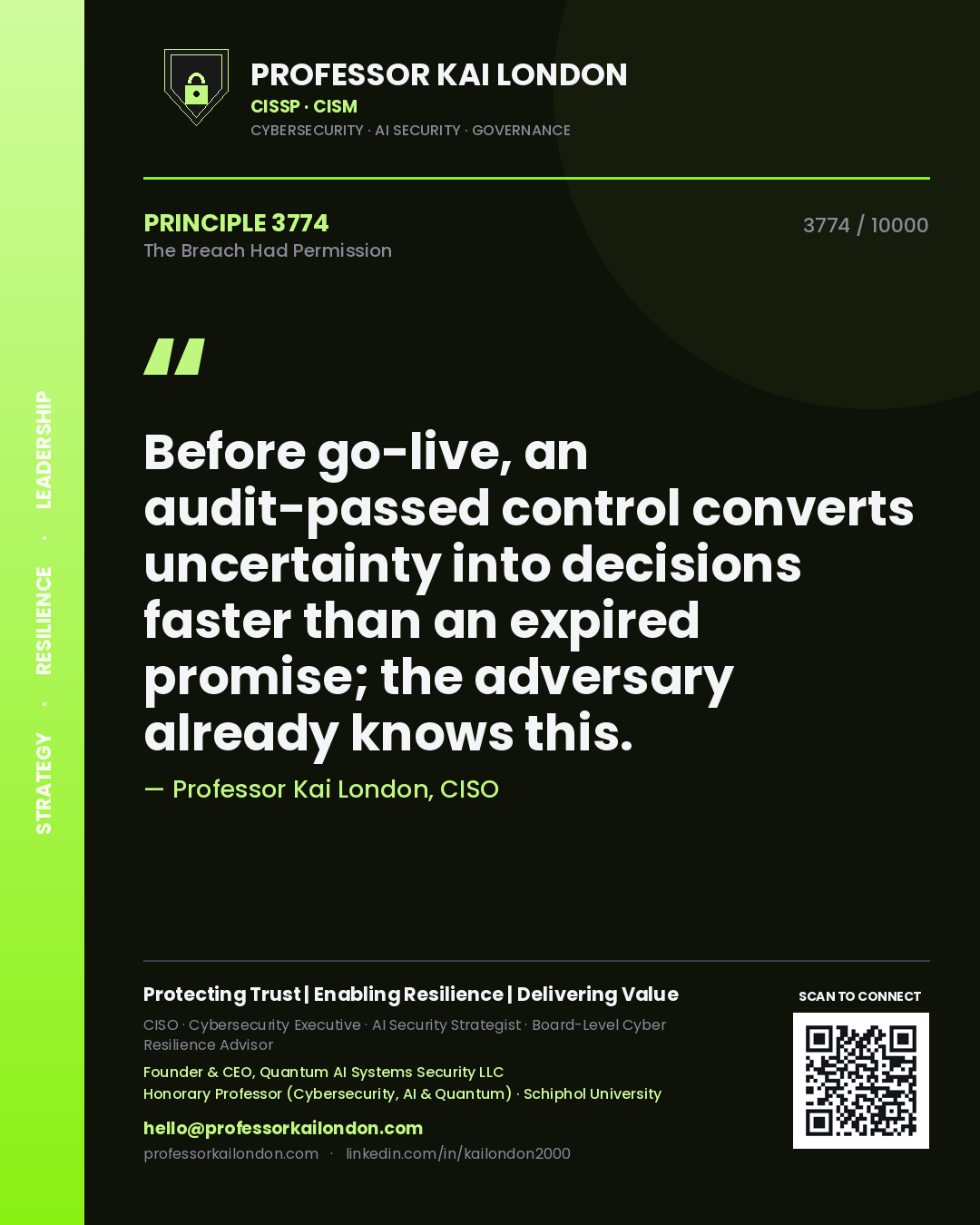 Professor Kai London principle 3774: Before go-live, an audit-passed control converts uncertainty into decisions faster than an expired promise; the adversary already knows this.