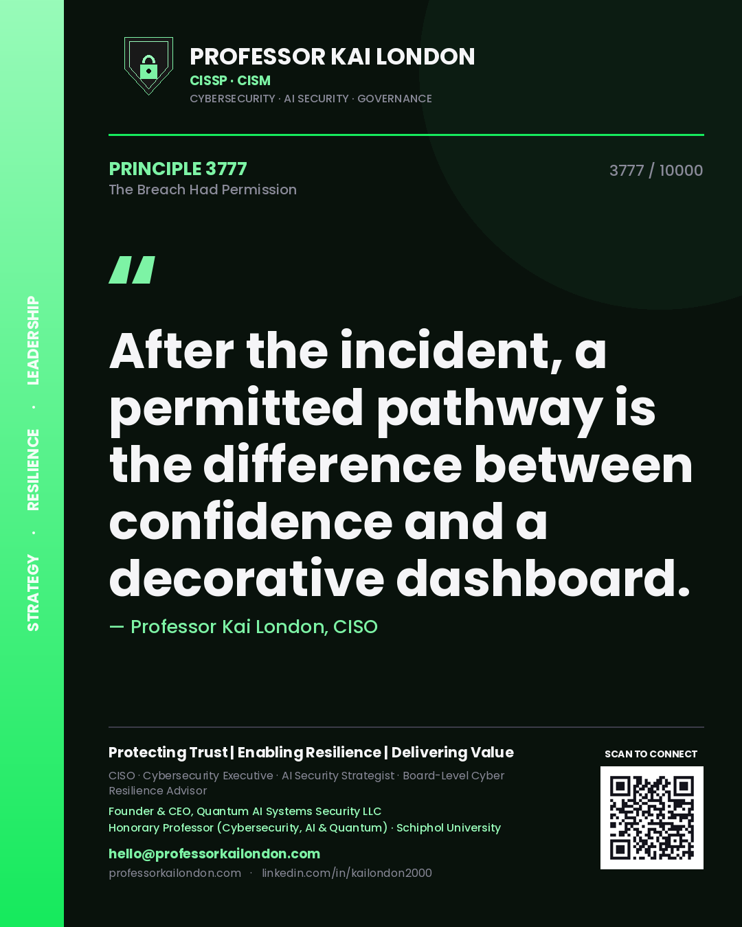 Quote card by Professor Kai London reading 'After the incident, a permitted pathway is the difference between confidence and a decorative dashboard.'. From the book The Breach Had Permission.