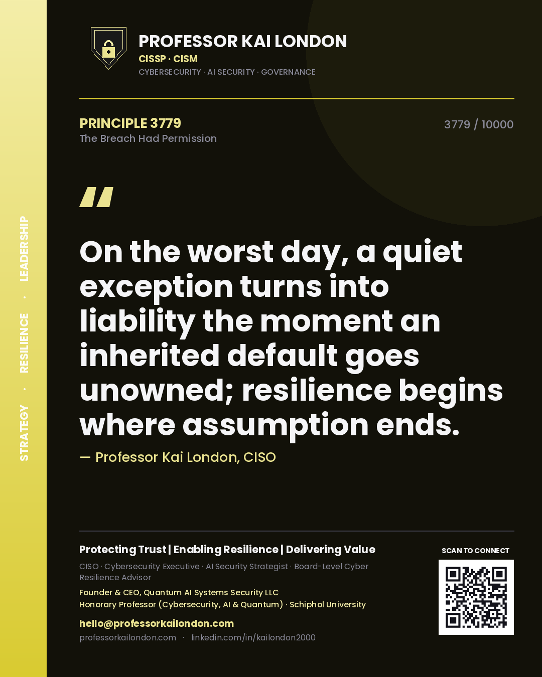 Professor Kai London principle 3779: On the worst day, a quiet exception turns into liability the moment an inherited default goes unowned; resilience begins where assumption ends.