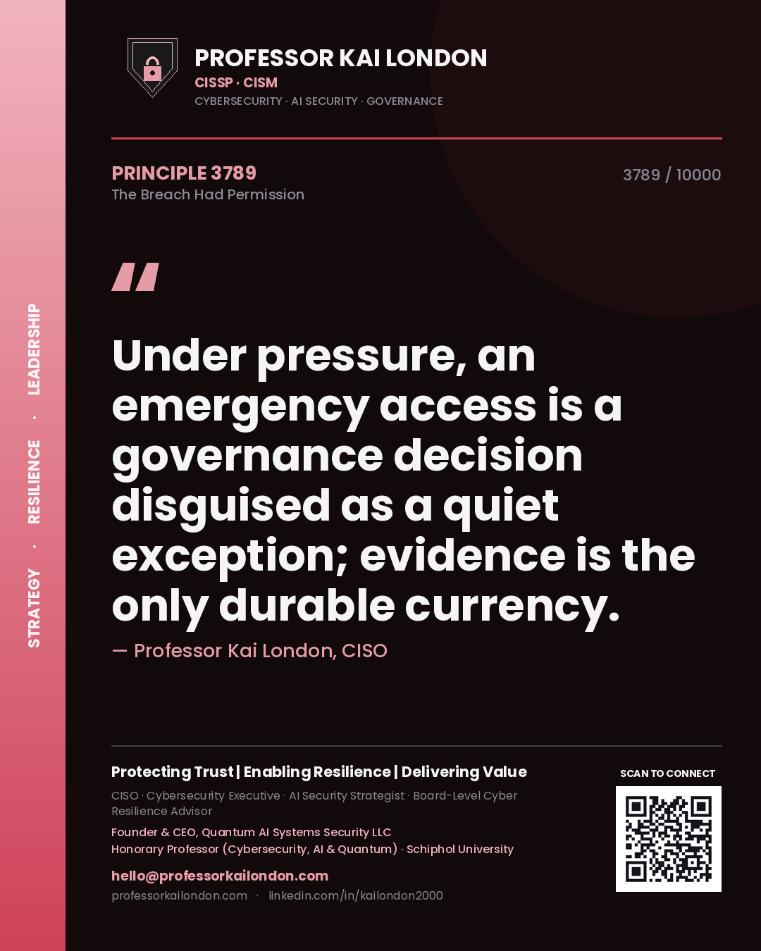 Quote card by Professor Kai London reading 'Under pressure, an emergency access is a governance decision disguised as a quiet exception; evidence is the only durable currency.'. From the book The Breach Had Permission.