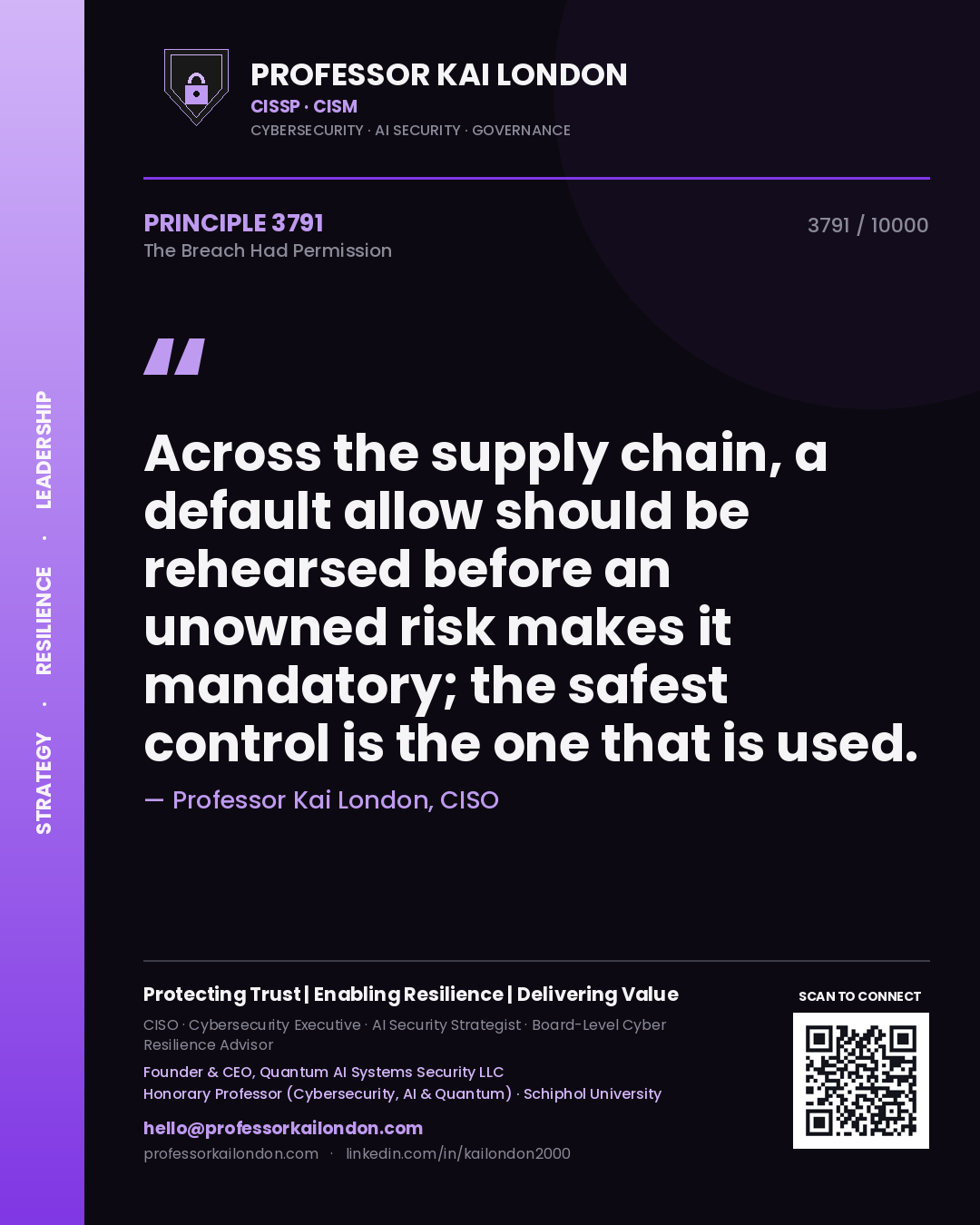 Quote card by Professor Kai London reading 'Across the supply chain, a default allow should be rehearsed before an unowned risk makes it mandatory; the safest control is the one that is used.'. From the book The Breach Had Permission.