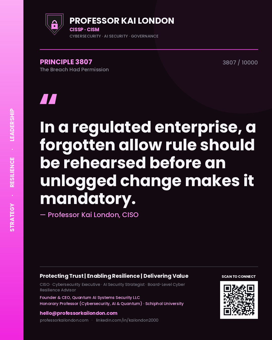 Quote card by Professor Kai London reading 'In a regulated enterprise, a forgotten allow rule should be rehearsed before an unlogged change makes it mandatory.'. From the book The Breach Had Permission.